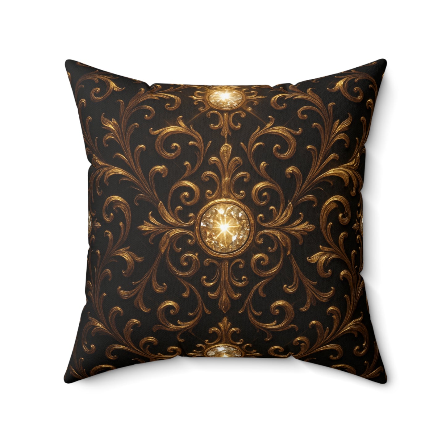 Baroque Gold Scroll Throw Pillow Black Luxury Cushion Cover with Ornate Jewel Design, Gothic Glam Home Decor, Elegant Accent Pillow