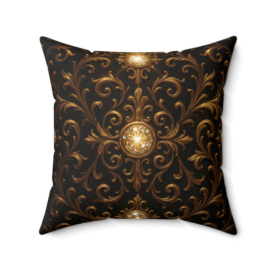 Baroque Gold Scroll Throw Pillow Black Luxury Cushion Cover with Ornate Jewel Design, Gothic Glam Home Decor, Elegant Accent Pillow
