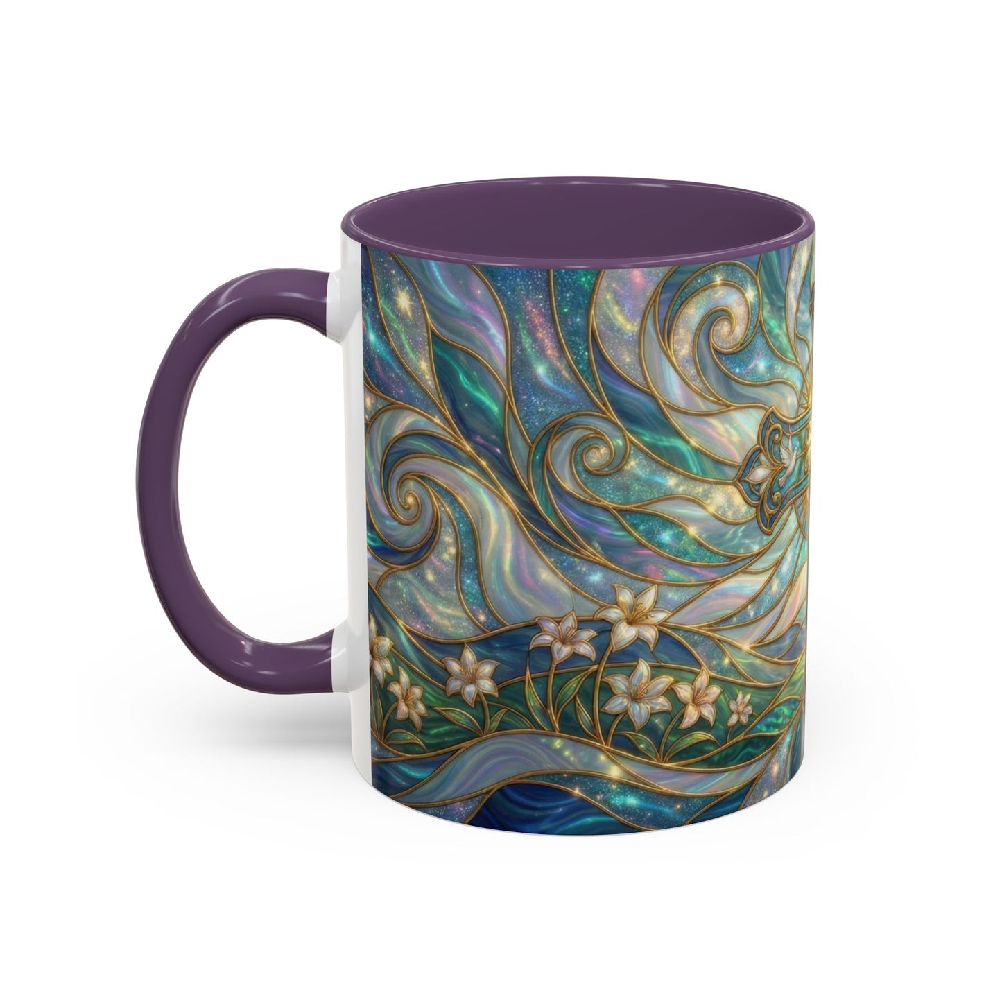 Stained Glass Cross Mug, Christian Coffee Cup, Religious Easter Gift, Celestial Faith Mug, Spiritual Sunrise Cup, Dove Lily Print Mug