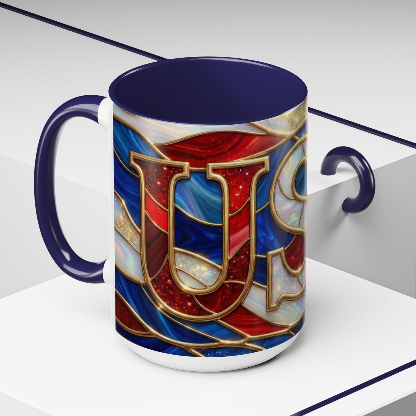 USA Patriotic Coffee Mug, Stained Glass USA Mug, Red White Blue Ceramic Mug, American Flag Style Mug, 11oz 15oz Mug