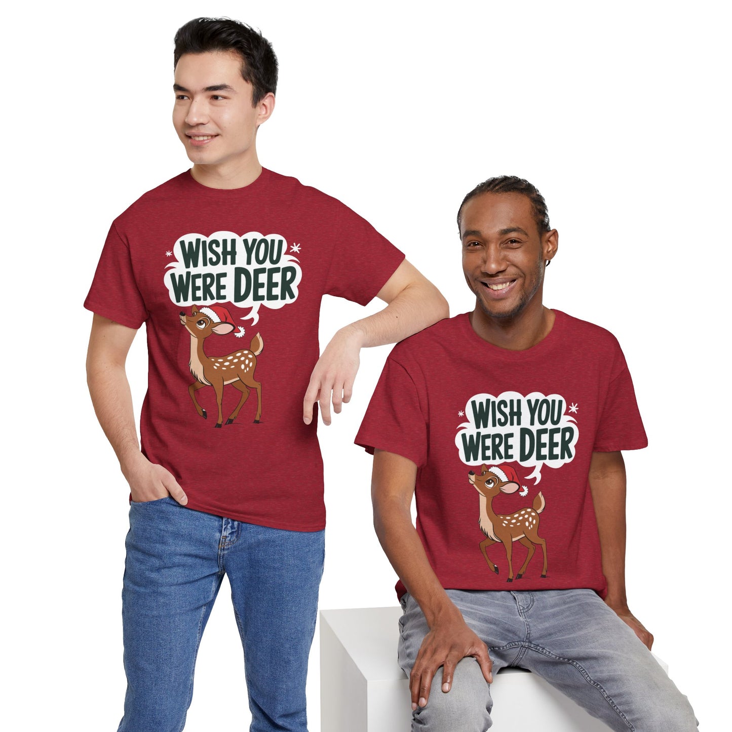 Wish You Were Deer Funny Christmas T-Shirt, Cute Reindeer Holiday Tee, Pun Christmas Shirt, Festive Santa Hat Deer Graphic Tee Gift