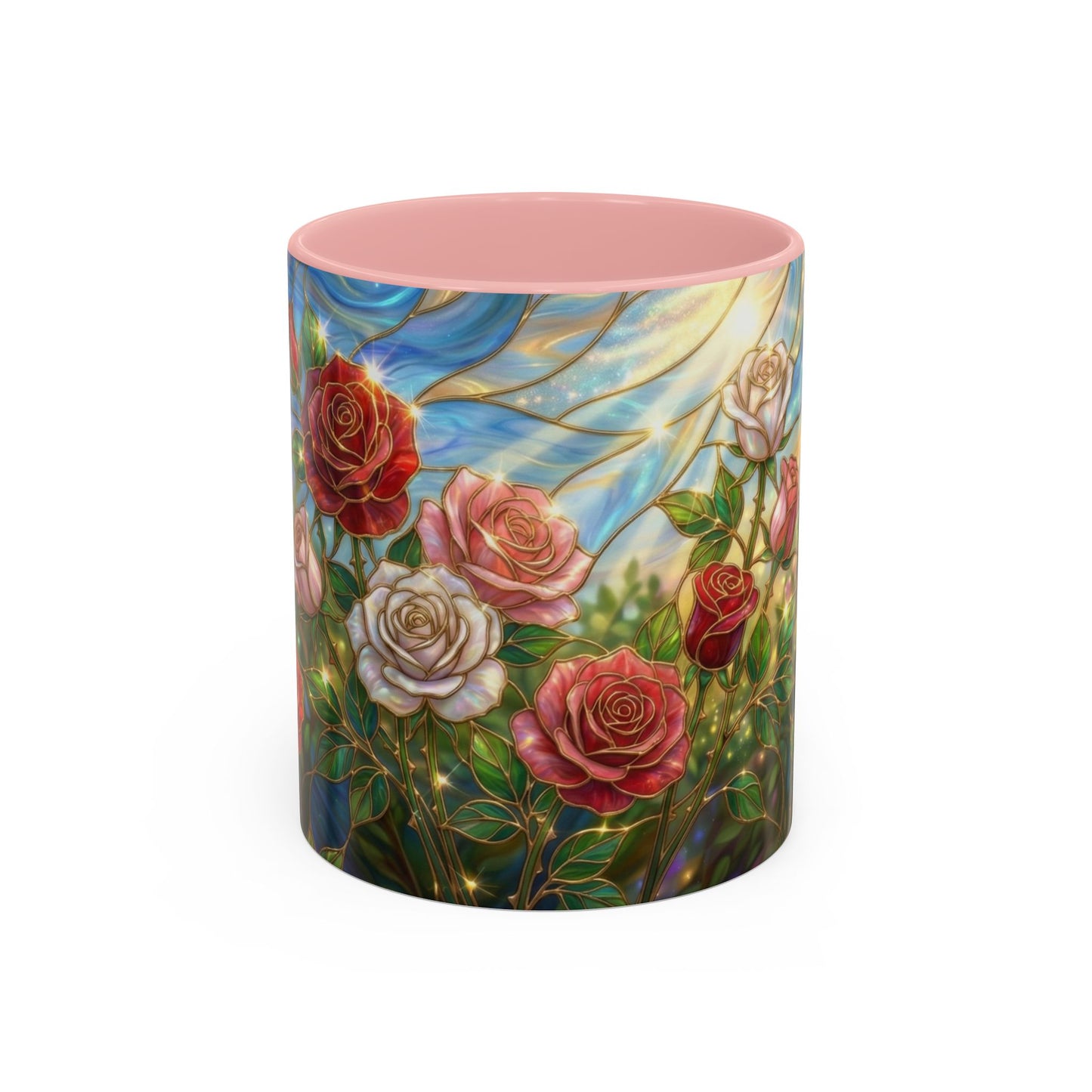 Stained Glass Rose Garden Mug, Floral Rose Coffee Cup, Elegant Flower Mug, Blue Green Gold Glass Style Design, Romantic Gift For Her