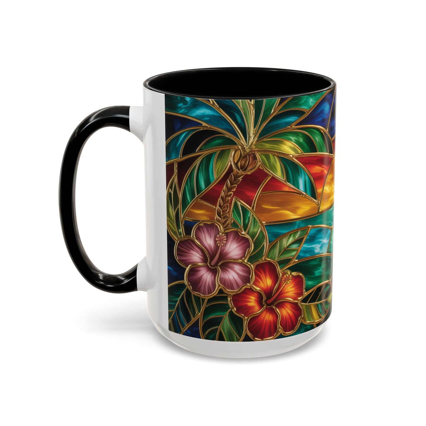 Stained Glass Tropical Sunset Mug, Hibiscus Flower Coffee Cup, Beach Lover Gift, Colorful Palm Tree Mug, Coastal Art Drinkware, Summer Cup