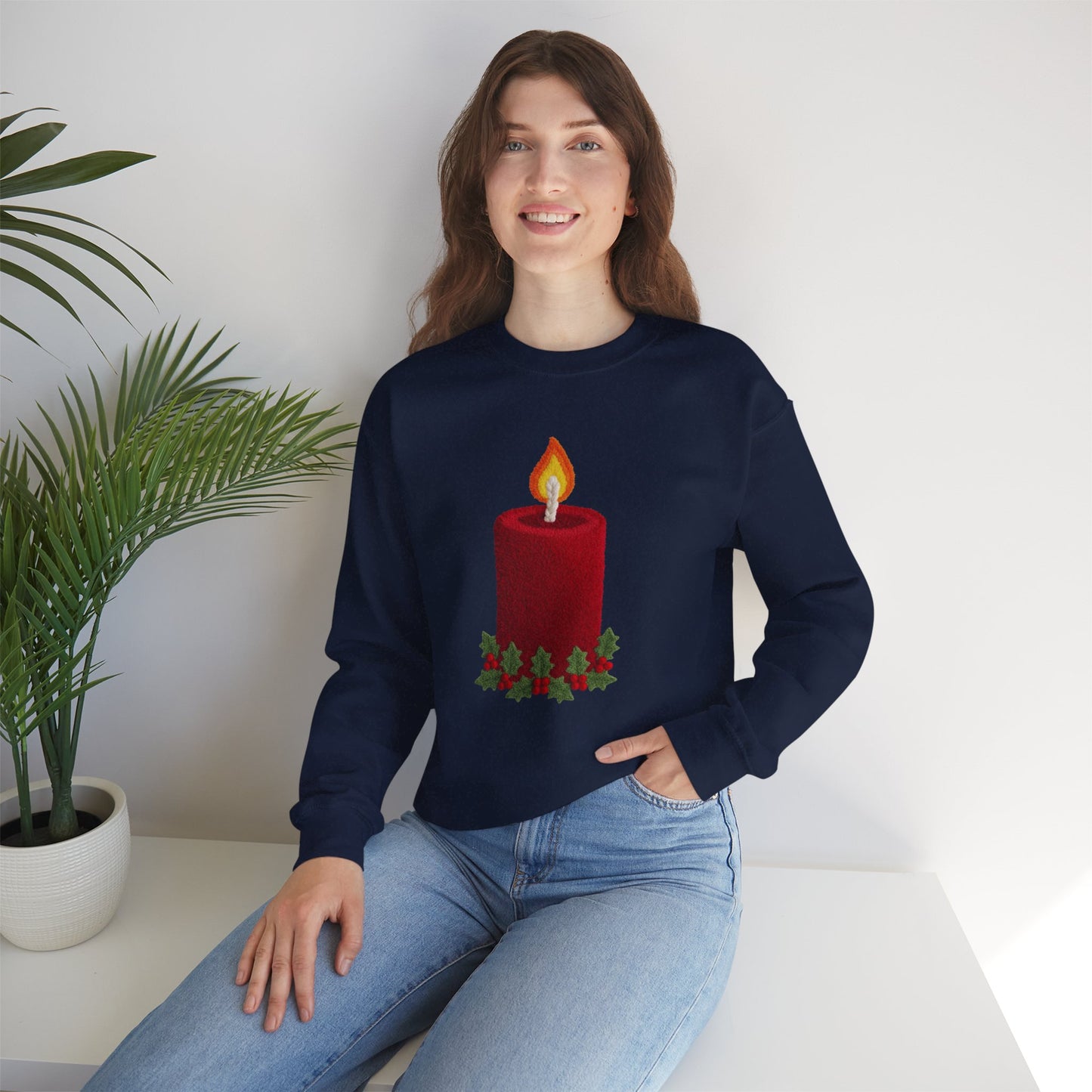 Faux Patchwork Crochet Candle Sweatshirt, Christmas Candle Sweater, Holiday Cozy Winter Crewneck, Cute Xmas Candle Sweatshirt, Unisex Holiday Top