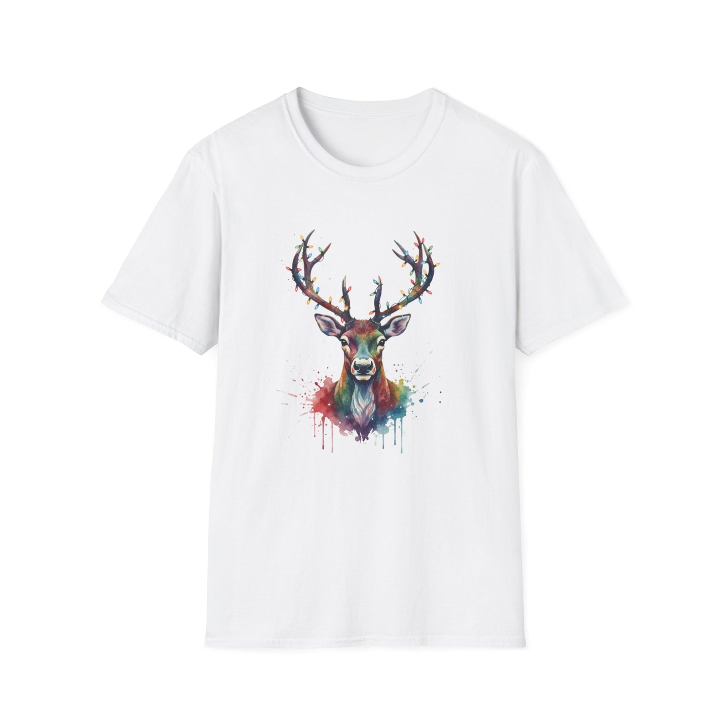 Christmas Deer Shirt, Watercolor Buck T-Shirt, Deer With Christmas Lights Tee, Holiday Wildlife Art Shirt, Colorful Deer Head Xmas Tee