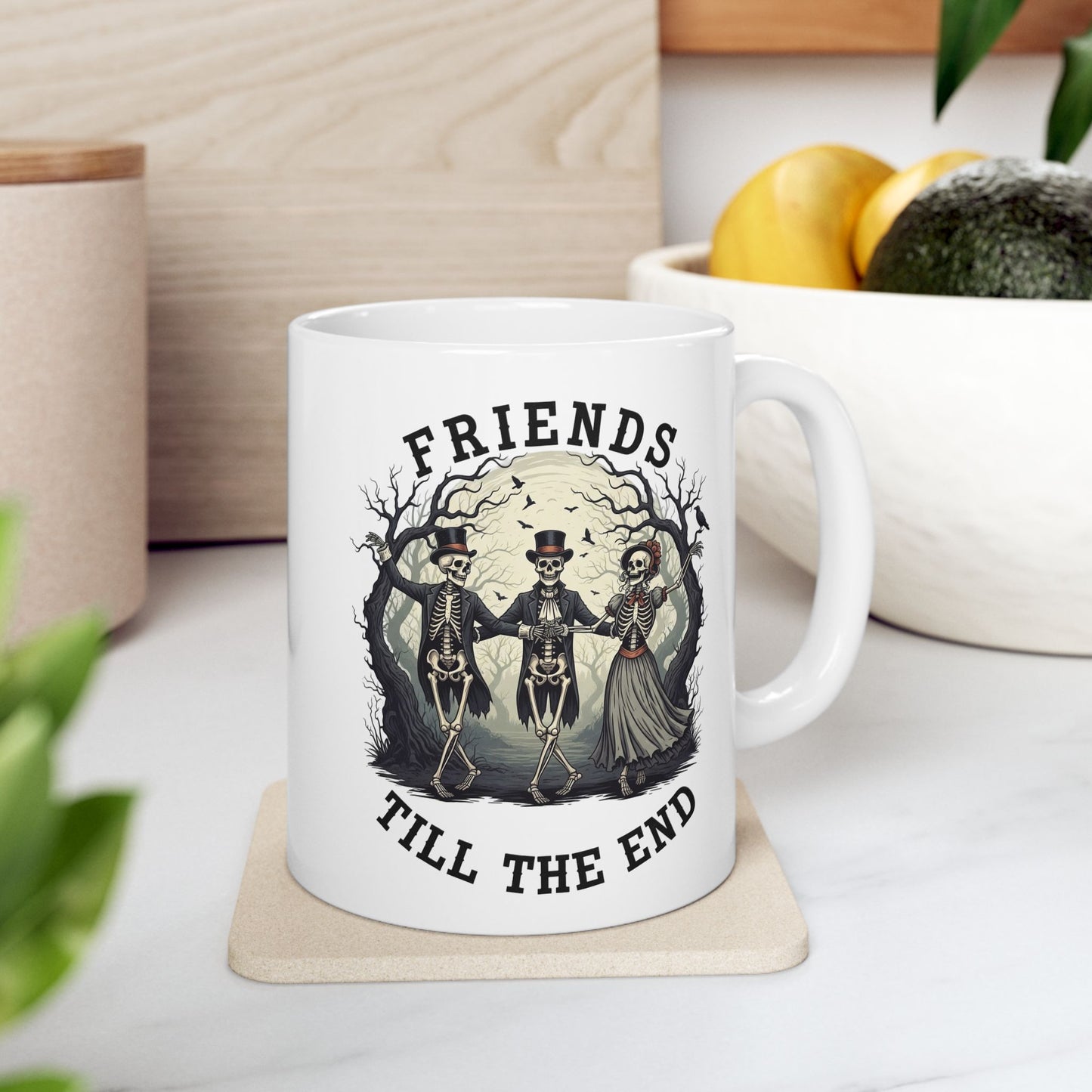 Friends Till The End Skeleton Mug - Halloween Skull Coffee Cup, Gothic Skeleton Friends Gift, Dark Academia Spooky 11oz, 15oz Ceramic