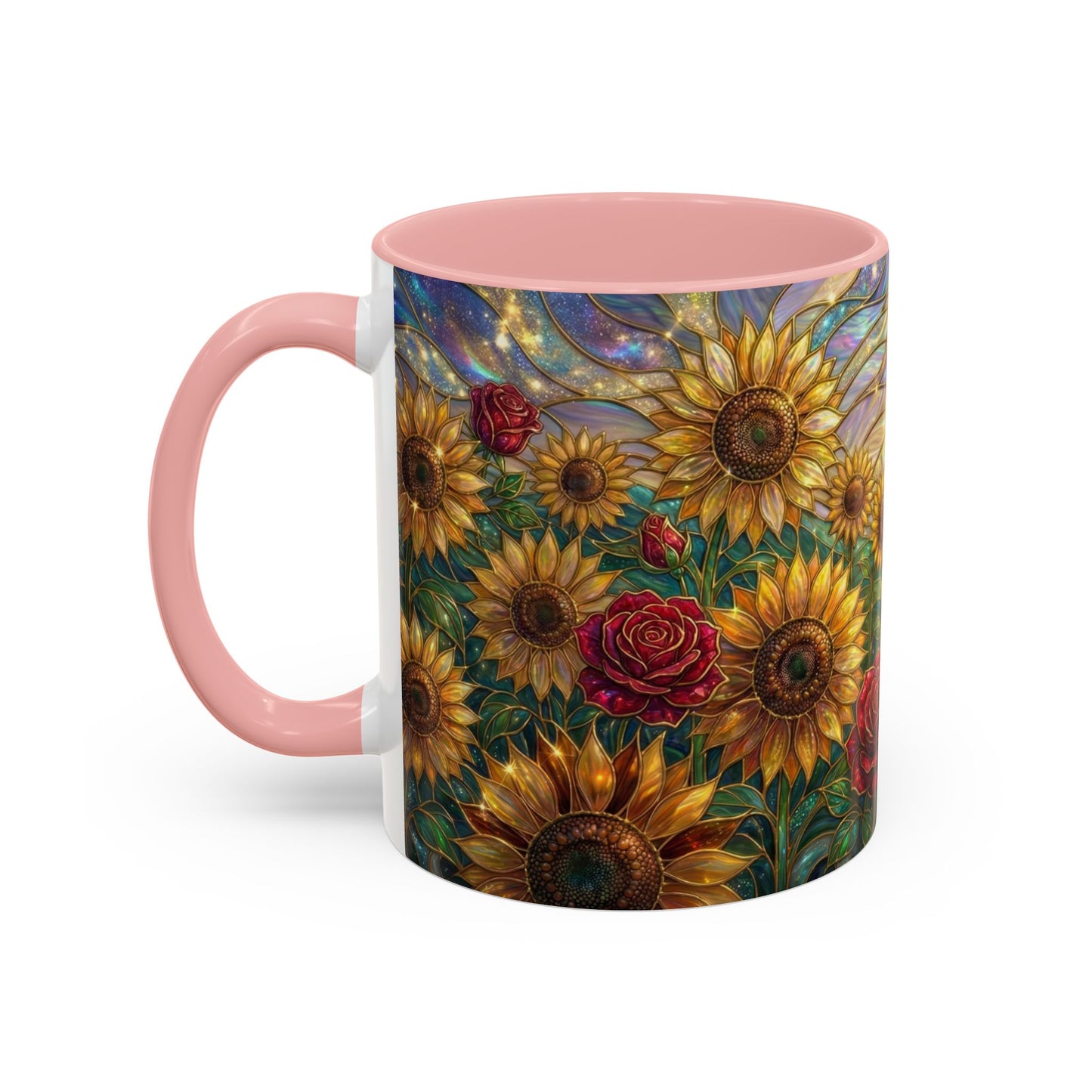 Personalized Stained Glass Sunflower Mug, Custom Red Rose Floral Coffee Cup, Celestial Night Sky Botanical Teacup, Gift For Flower Lover