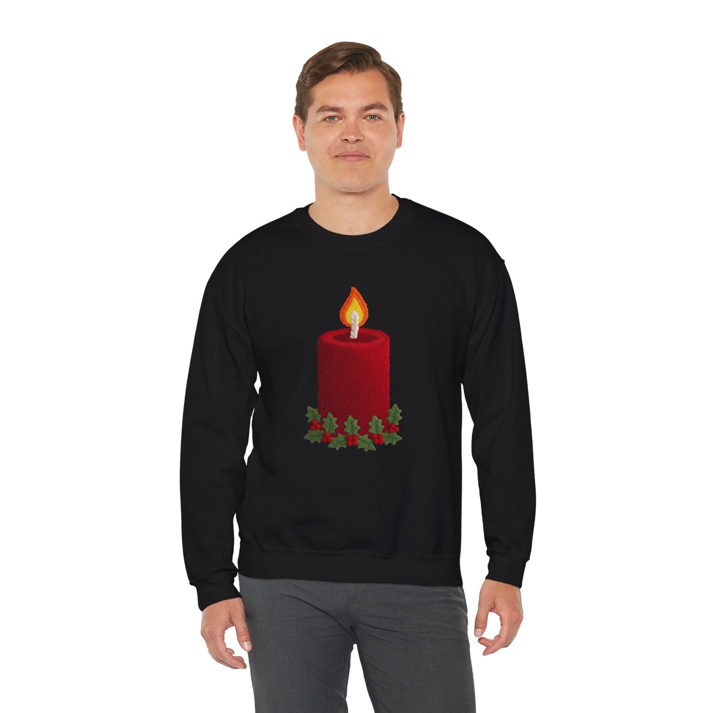 Faux Patchwork Crochet Candle Sweatshirt, Christmas Candle Sweater, Holiday Cozy Winter Crewneck, Cute Xmas Candle Sweatshirt, Unisex Holiday Top