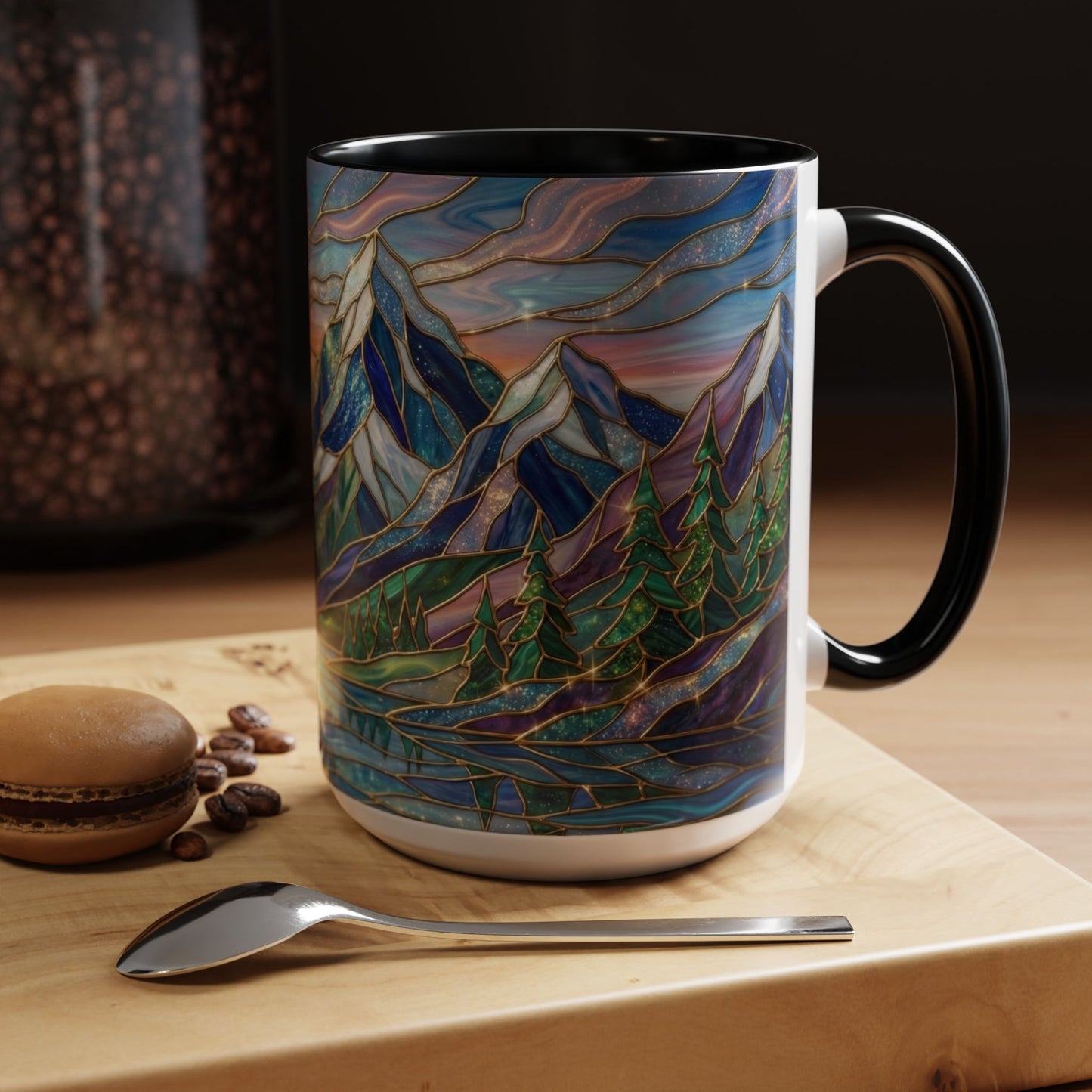 Stained Glass Mountain Mug, Sunset Mountain Landscape Coffee Cup, Nature Ceramic Mug With Forest And River, 11oz 15oz Gift