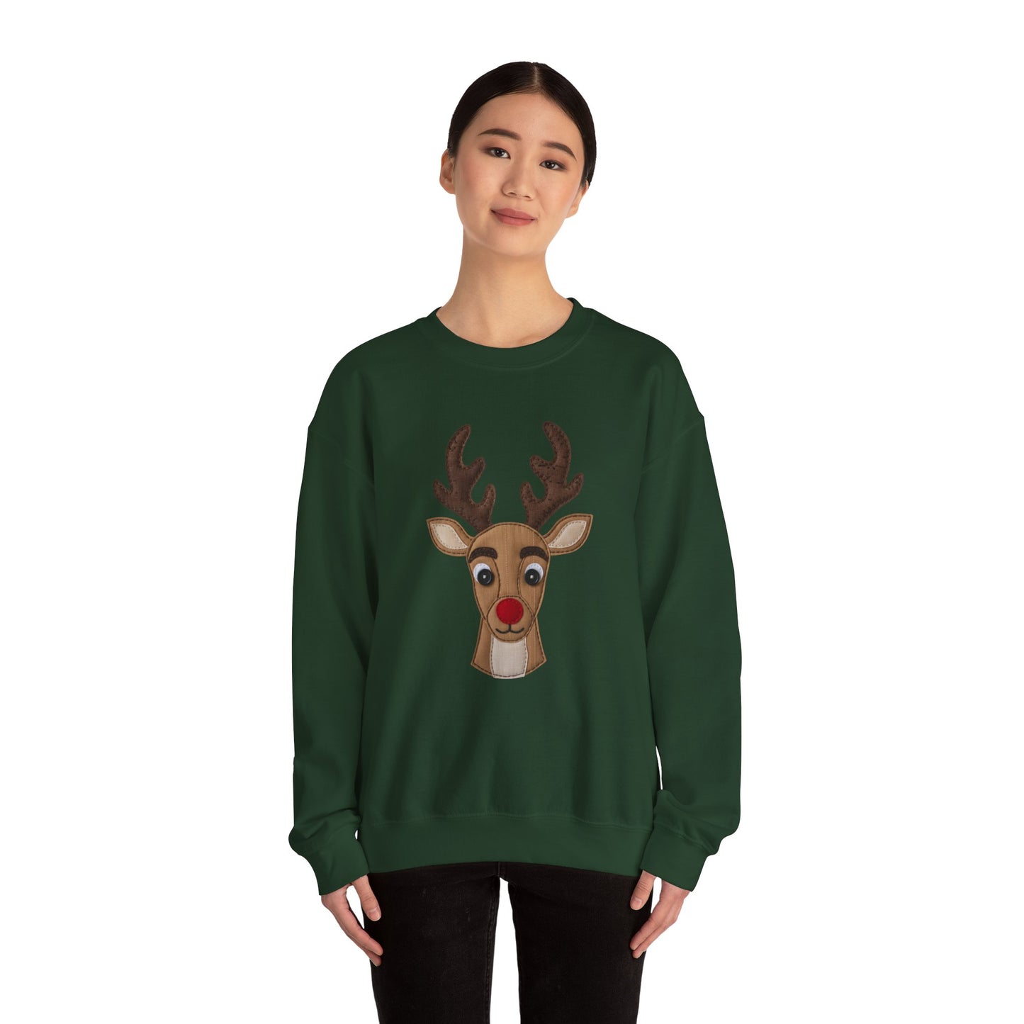 Faux Patchwork Rudolph Sweatshirt, Cute Reindeer Christmas Crewneck, Cozy Holiday Pullover, Winter Reindeer Sweater, Xmas Gift for Women