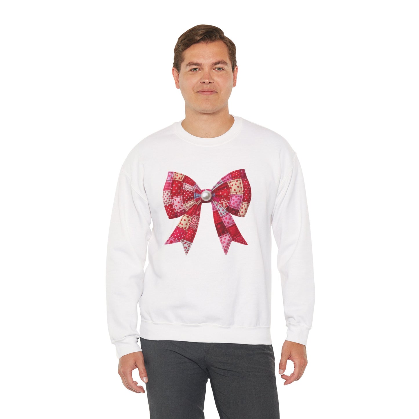 Faux Patchwork Bow Sweatshirt, Quilted Look Bow Crewneck, Pearl Bow Pullover, Cozy Coquette Sweatshirt, Girly Valentine Gift