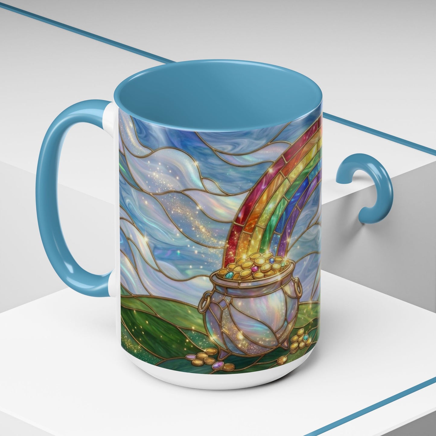 Stained Glass Rainbow Mug, Pot Of Gold Coffee Cup, St Patricks Day Gift, Whimsical Magical Art Mug, Lucky Irish Leprechaun Treasure