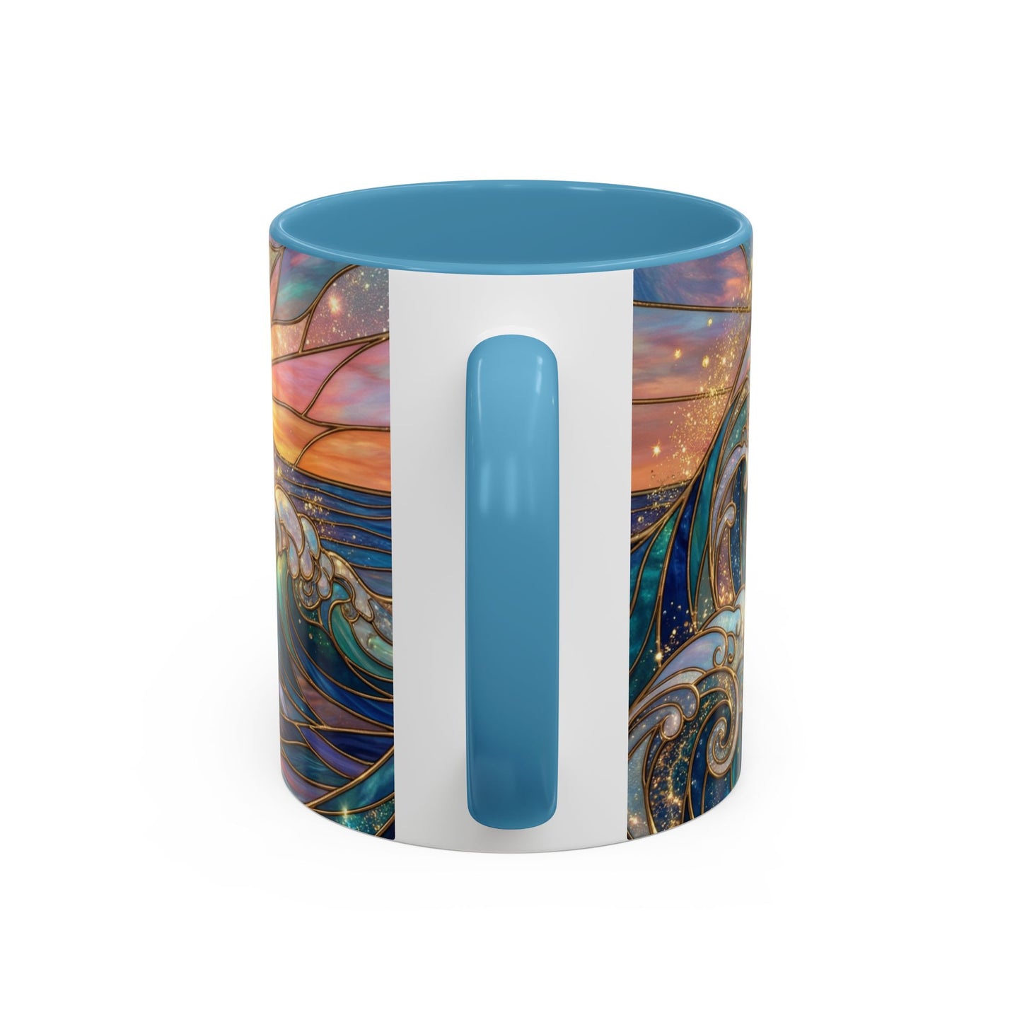 Stained Glass Ocean Wave Mug, Sunrise Beach Coffee Cup, Japanese Art Gift, Coastal Decor Kitchen, Mosaic Sea Tea Cup, Blue Gold Nature Lover