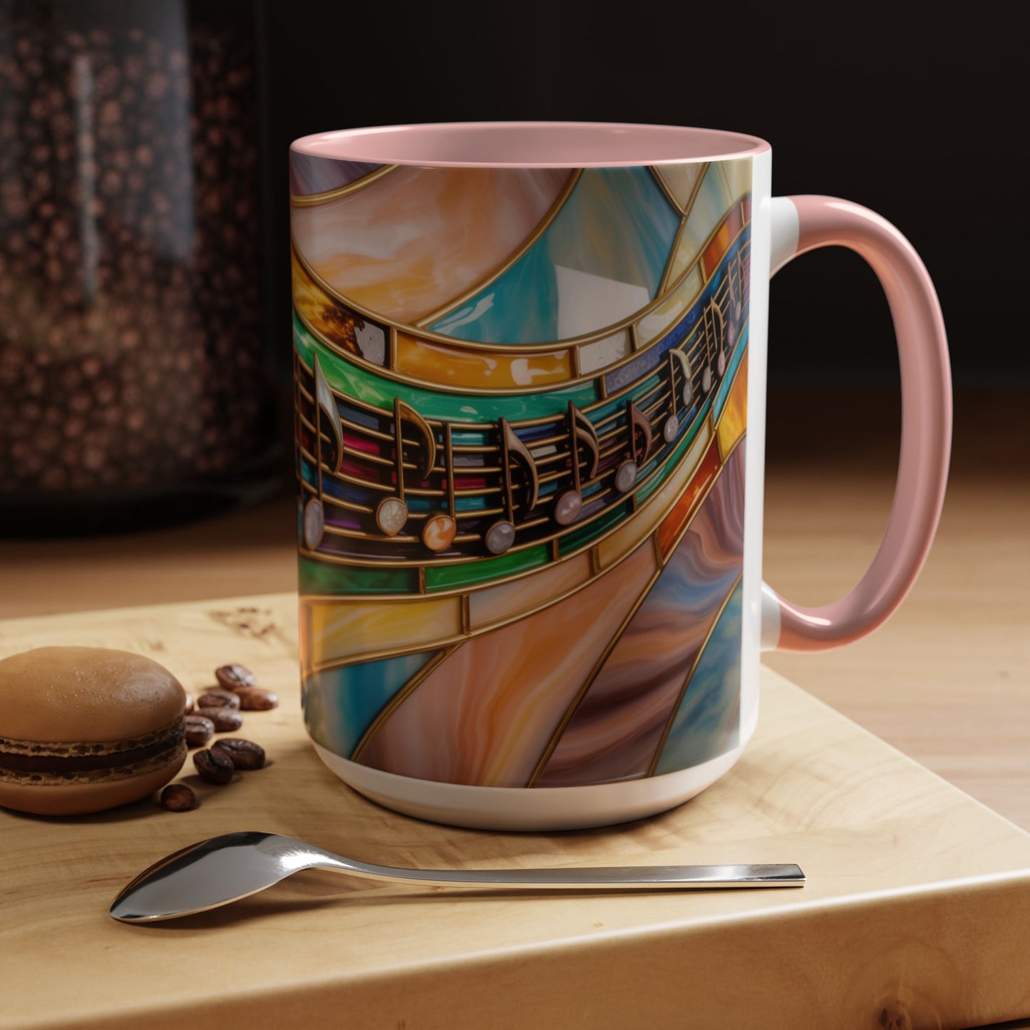 Stained glass music mug, musical notes coffee cup, colorful musician gift mug, music lover present, treble clef art mug, music teacher gift