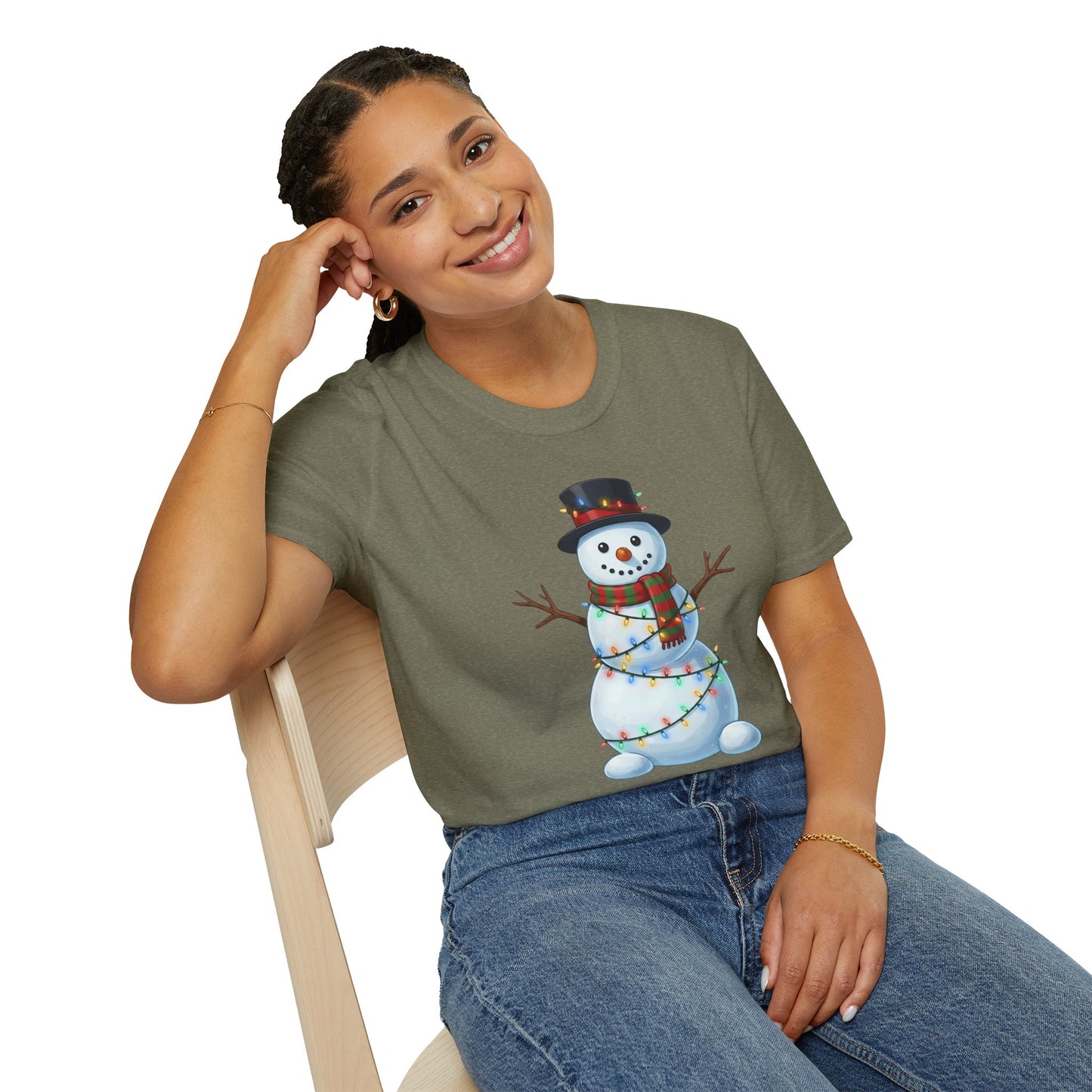 Cute Snowman Christmas Shirt, Snowman Wrapped in Christmas Lights Tee, Holiday Winter Snowman Top Hat Shirt, Funny Cozy Christmas T Shirt