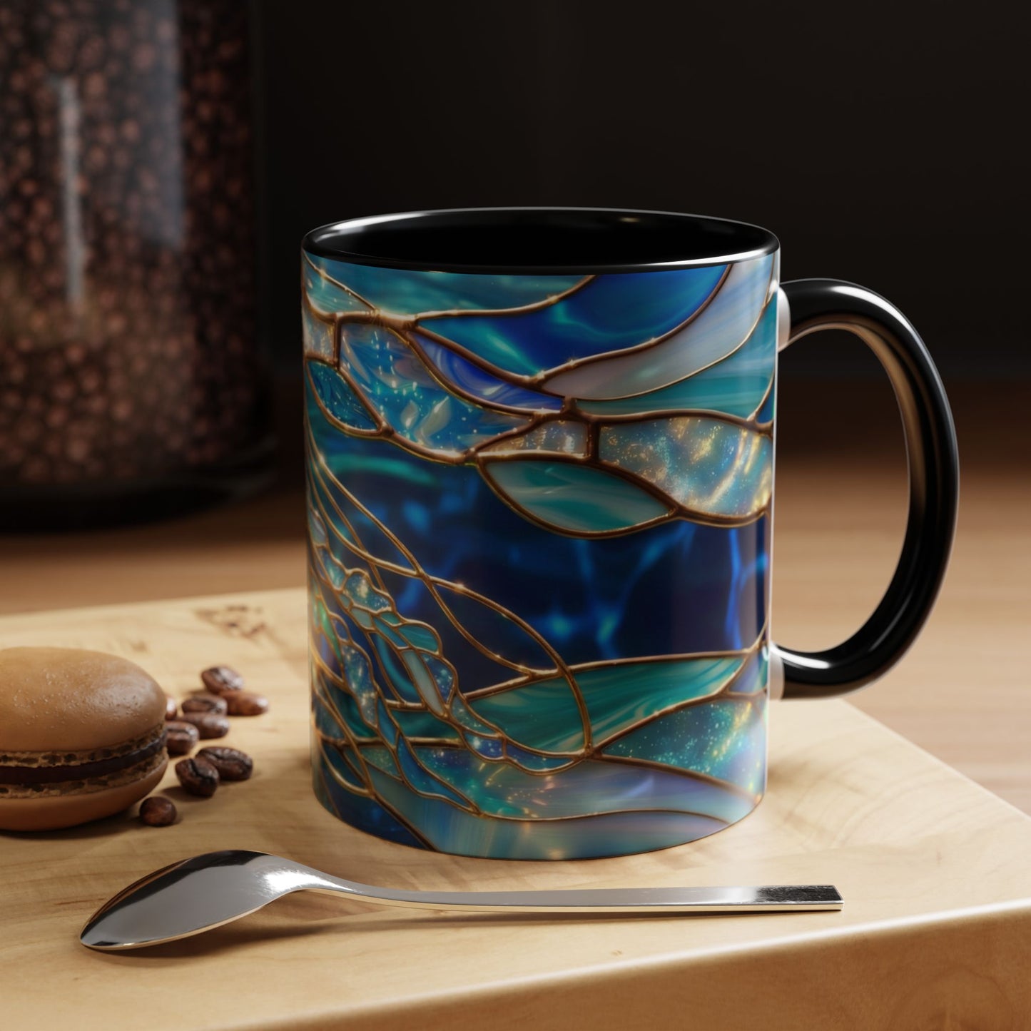 Stained Glass Jellyfish Mug, Ocean Art Coffee Cup, Nautical Sea Life Mug, Blue Teal Gold Glass Style Mug, Gift For Ocean Lovers Decor