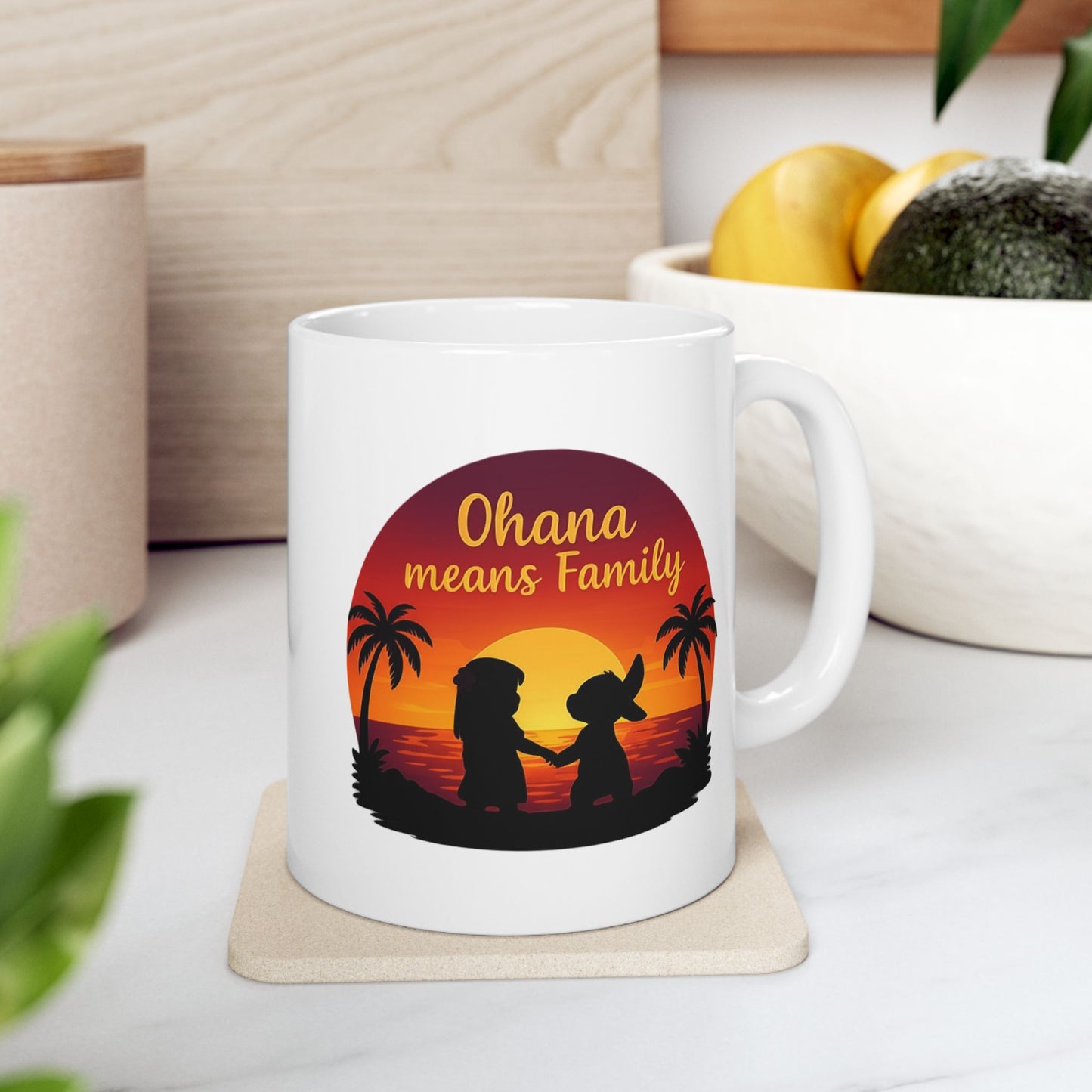 Ohana Means Family Mug – Cute Hawaiian Coffee Cup, Tropical Sunset Gift, Family Inspired Mug for Mom, Wife, or Best Friend