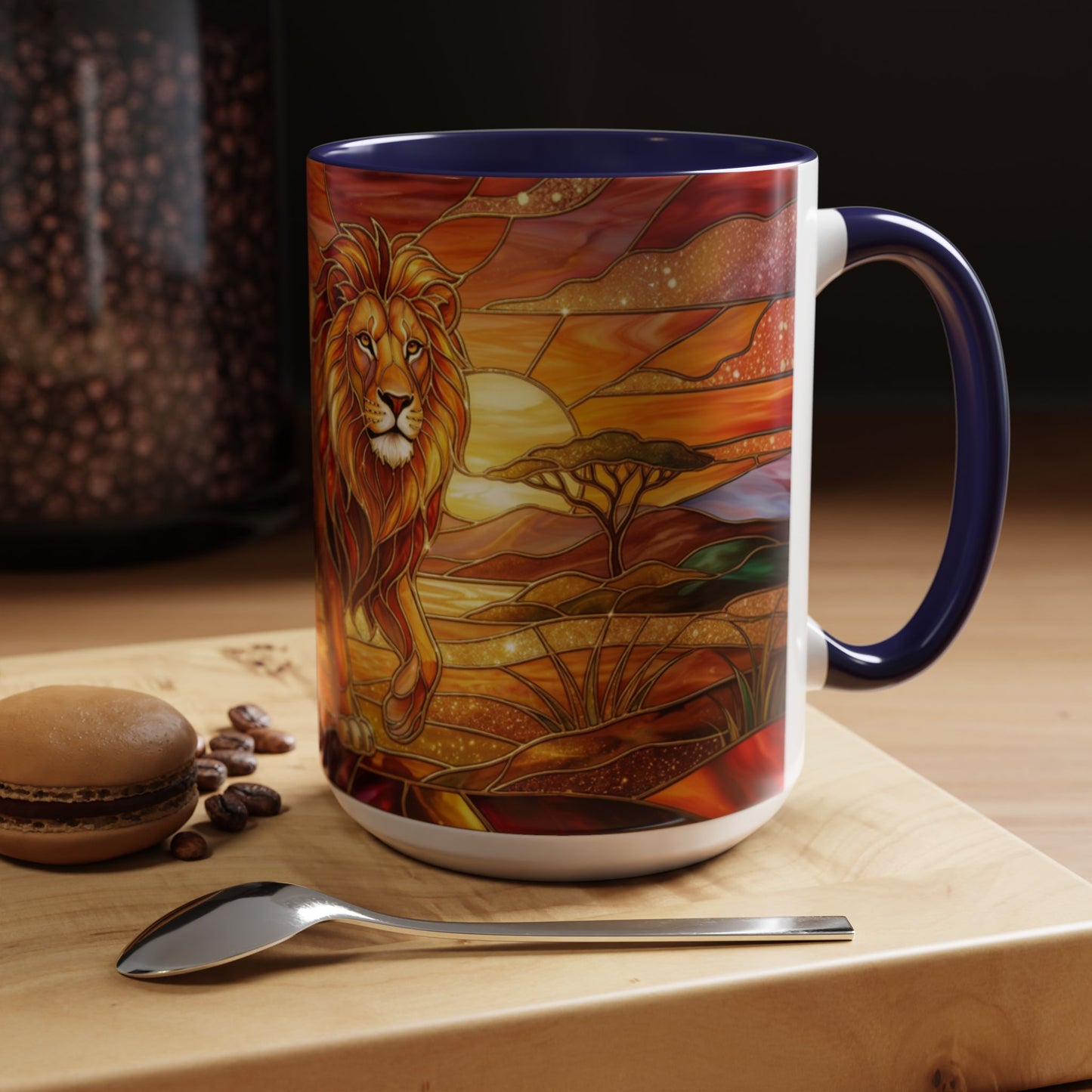 Stained Glass Lion Mug, Majestic Lion Coffee Cup, African Sunset Art Mug, Safari Wildlife Gift, Colorful Lion Lover Ceramic Mug