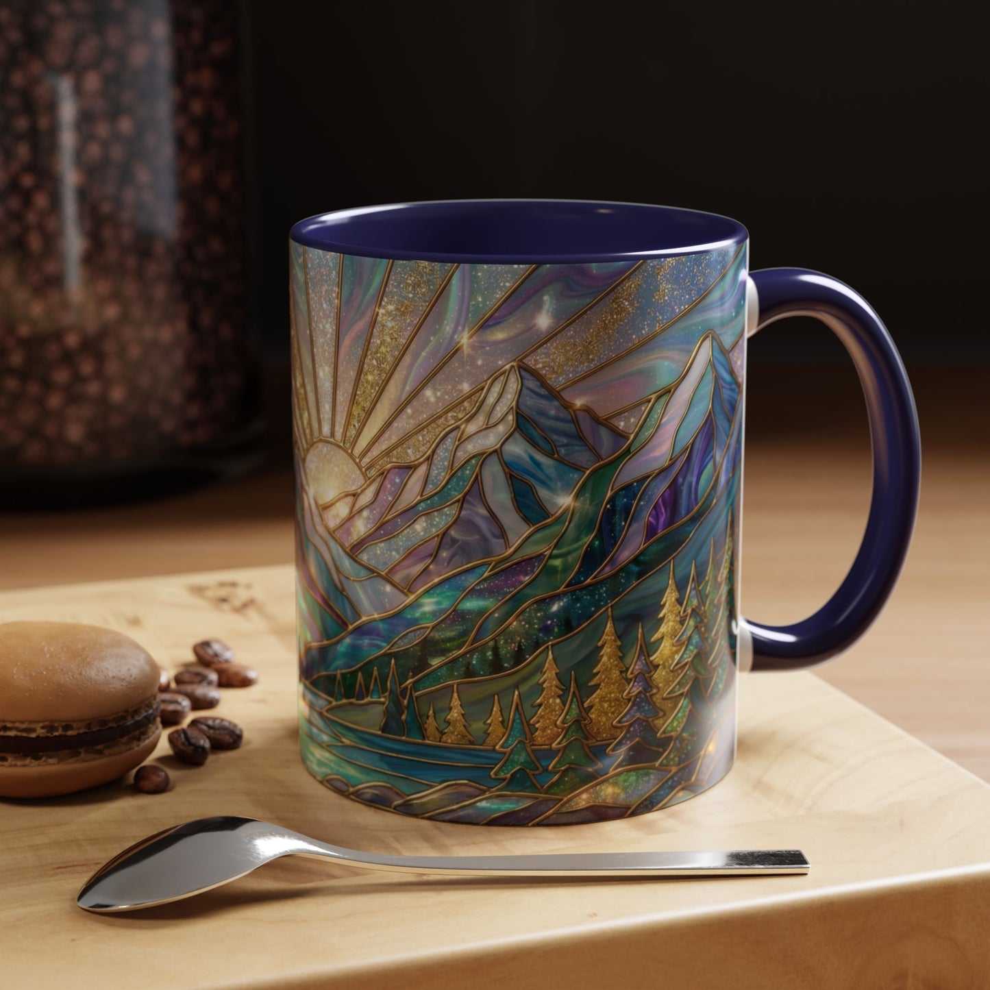 Stained Glass Mountain Mug, Mountain Landscape Coffee Cup, Galaxy Sky Nature Ceramic Mug, Sunrise River Forest Art, 11oz 15oz Gift