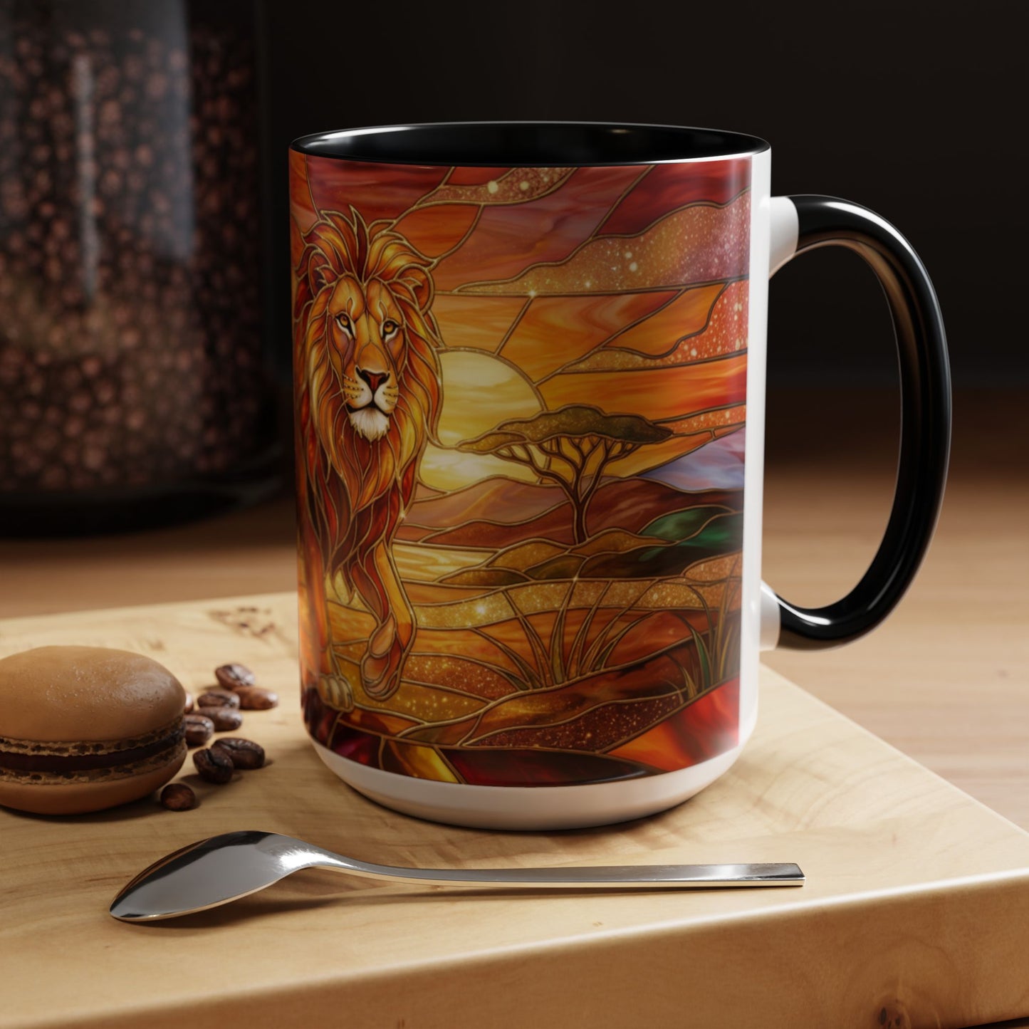 Stained Glass Lion Mug, Majestic Lion Coffee Cup, African Sunset Art Mug, Safari Wildlife Gift, Colorful Lion Lover Ceramic Mug