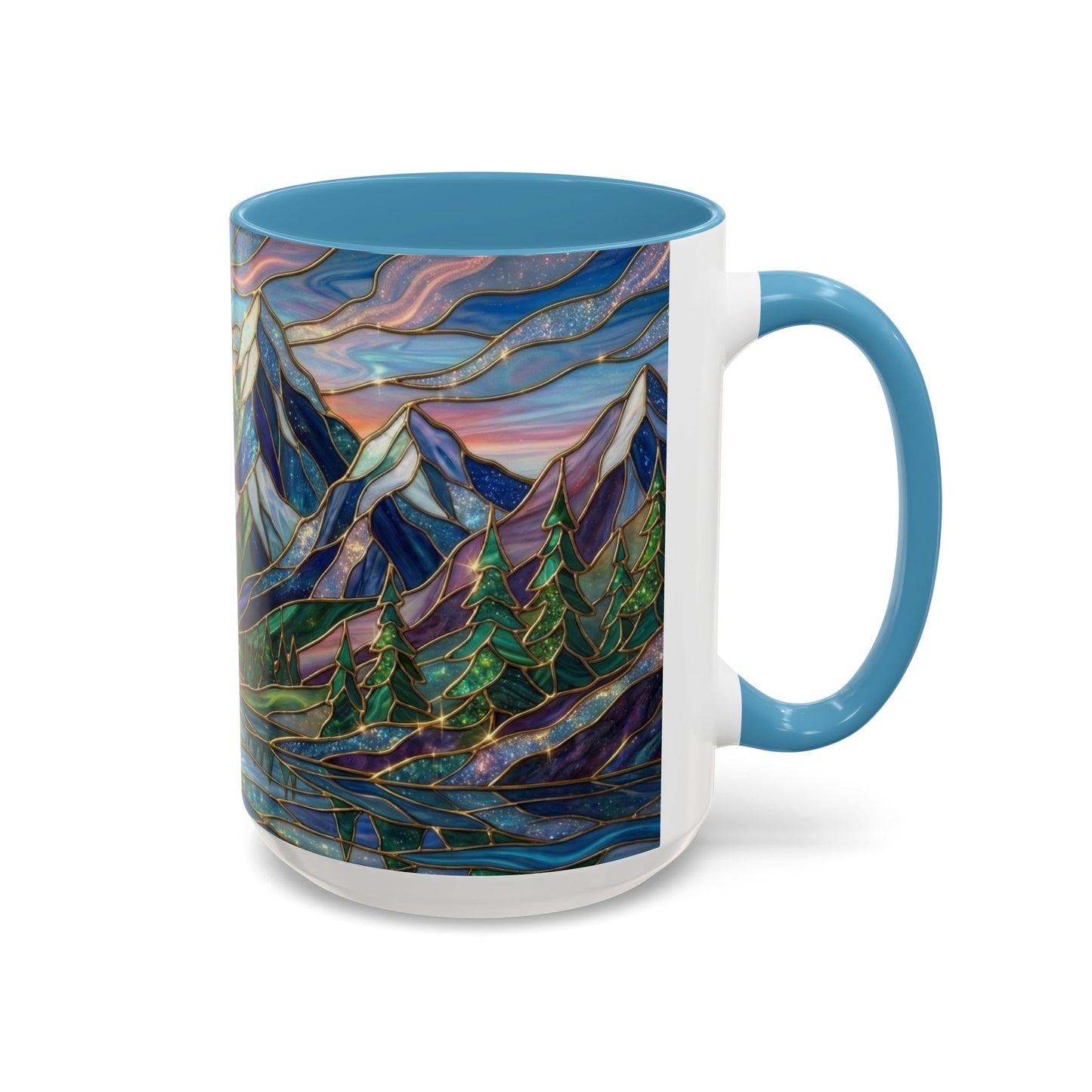 Stained Glass Mountain Mug, Sunset Mountain Landscape Coffee Cup, Nature Ceramic Mug With Forest And River, 11oz 15oz Gift