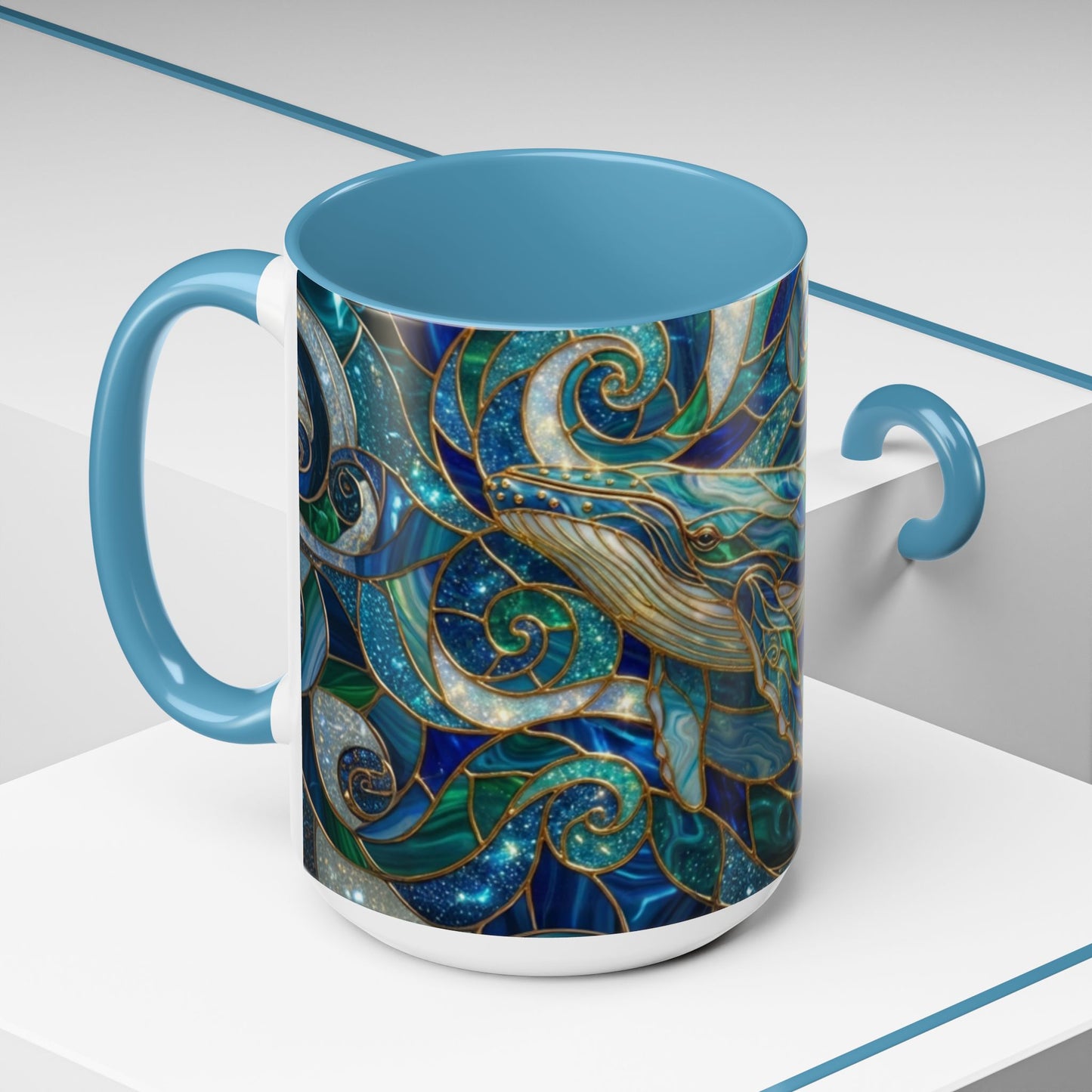 Stained Glass Whale Mug, Ocean Art Coffee Cup, Blue Sea Life Design, Nautical Gift For Ocean Lovers, Colorful Stained Glass Whale Cup