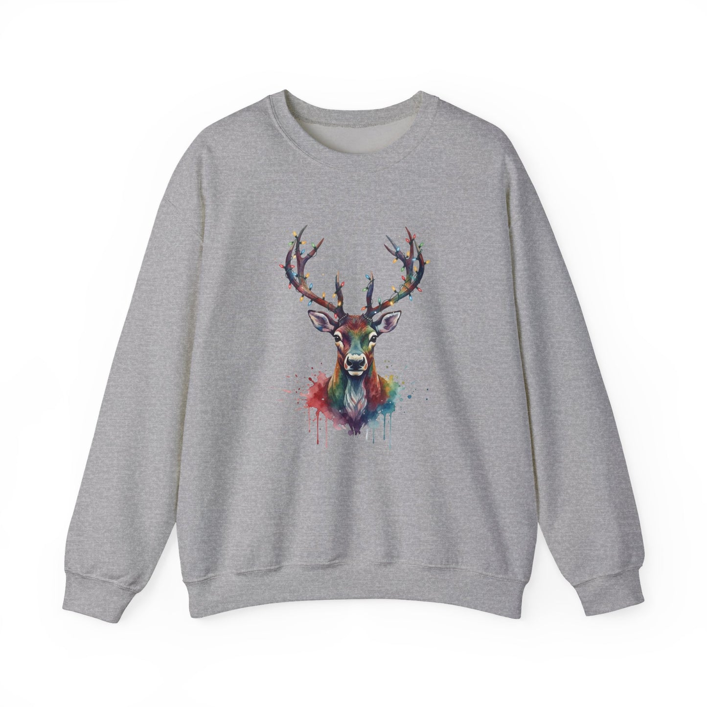 Colorful Reindeer Christmas Sweatshirt, Holiday Deer Lights Sweater, Watercolor Winter Crewneck, Festive Cozy Gift For Him Or Her