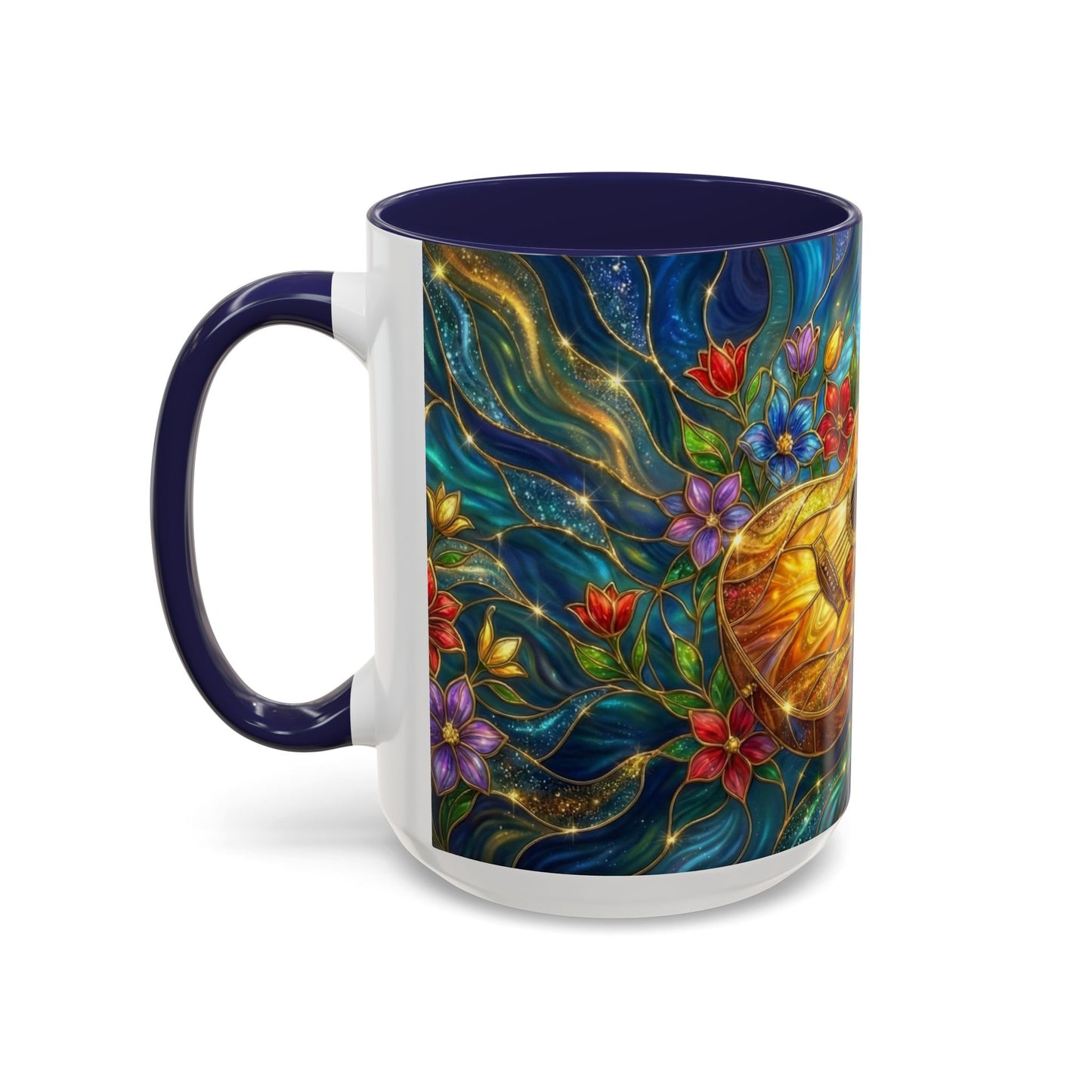 Guitar Coffee Mug, Stained Glass Guitar Art Mug, Music Lover Gift, Floral Acoustic Guitar Mug, Ceramic Coffee Cup, Unique Musician Gift, 11oz