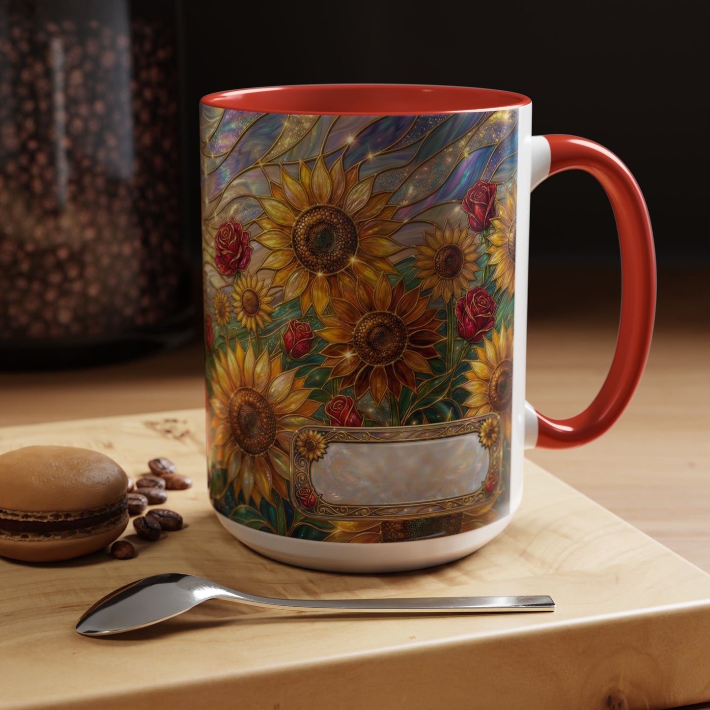 Personalized Stained Glass Sunflower Mug, Custom Red Rose Floral Coffee Cup, Celestial Night Sky Botanical Teacup, Gift For Flower Lover
