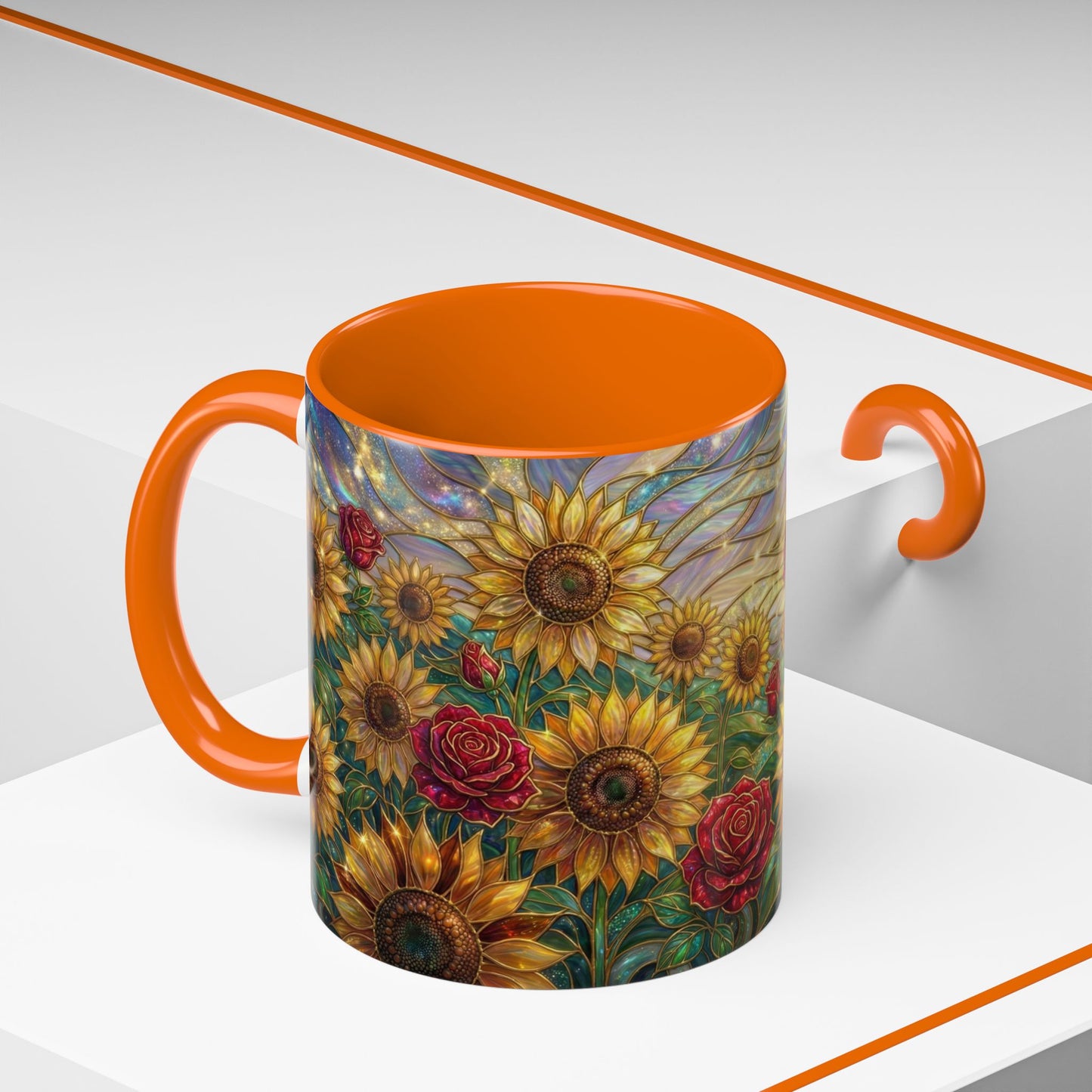 Personalized Stained Glass Sunflower Mug, Custom Red Rose Floral Coffee Cup, Celestial Night Sky Botanical Teacup, Gift For Flower Lover
