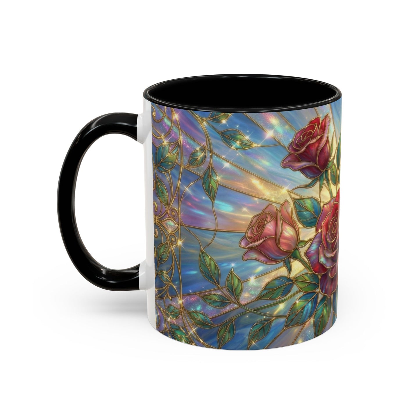 Stained Glass Rose Mug, Floral Art Coffee Cup, Elegant Rose Flower Mug, Blue Gold Glass Style Design, Romantic Gift For Her Decor