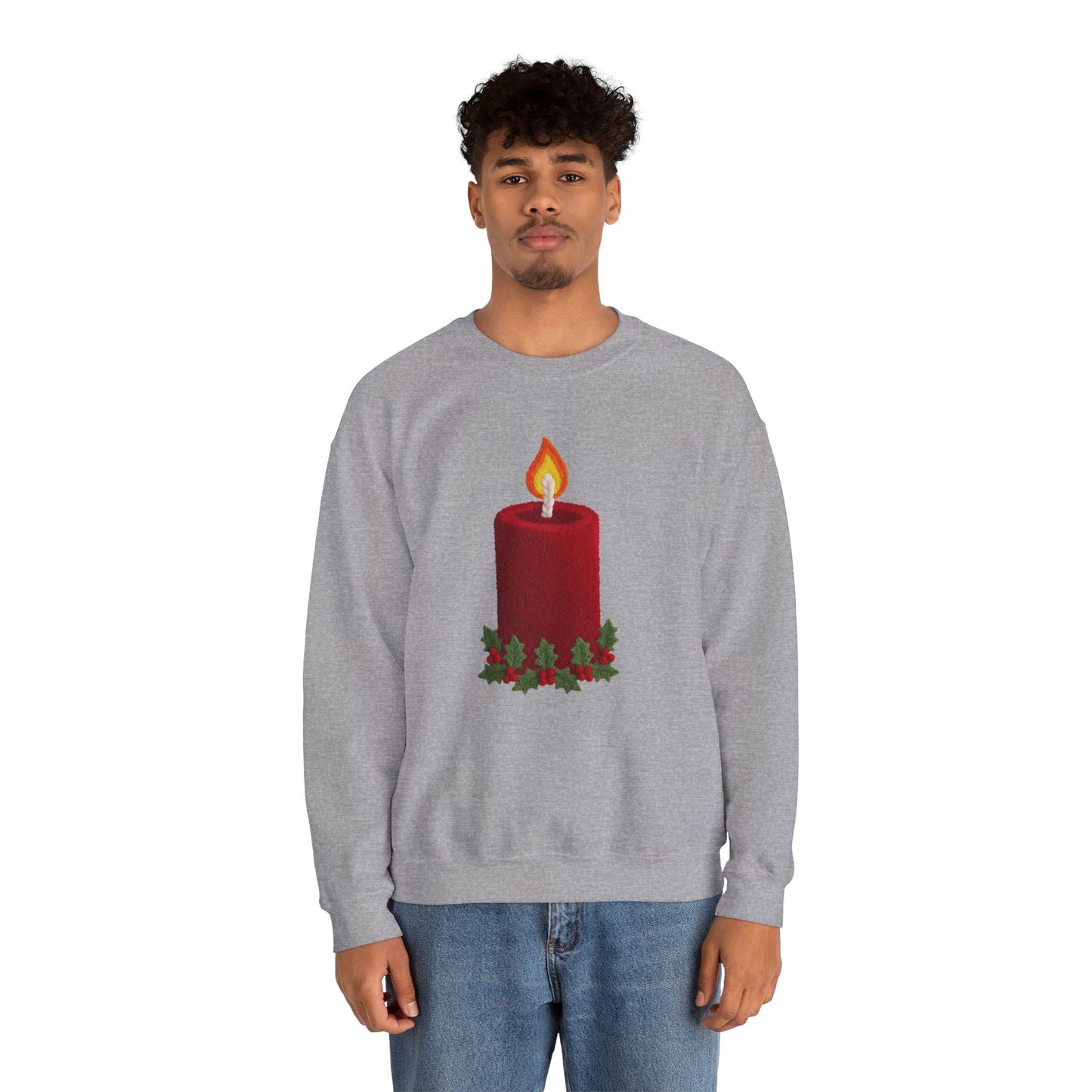 Faux Patchwork Crochet Candle Sweatshirt, Christmas Candle Sweater, Holiday Cozy Winter Crewneck, Cute Xmas Candle Sweatshirt, Unisex Holiday Top