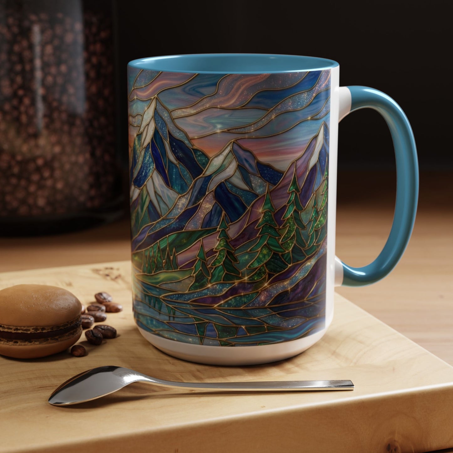 Stained Glass Mountain Mug, Sunset Mountain Landscape Coffee Cup, Nature Ceramic Mug With Forest And River, 11oz 15oz Gift