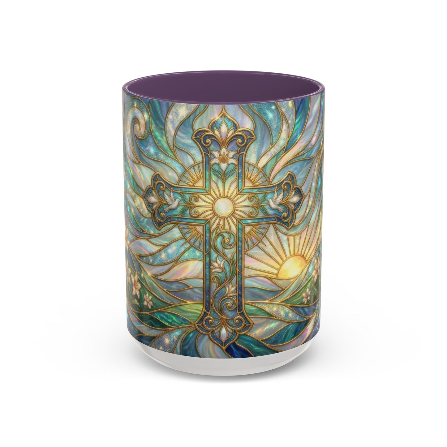 Stained Glass Cross Mug, Christian Coffee Cup, Religious Easter Gift, Celestial Faith Mug, Spiritual Sunrise Cup, Dove Lily Print Mug