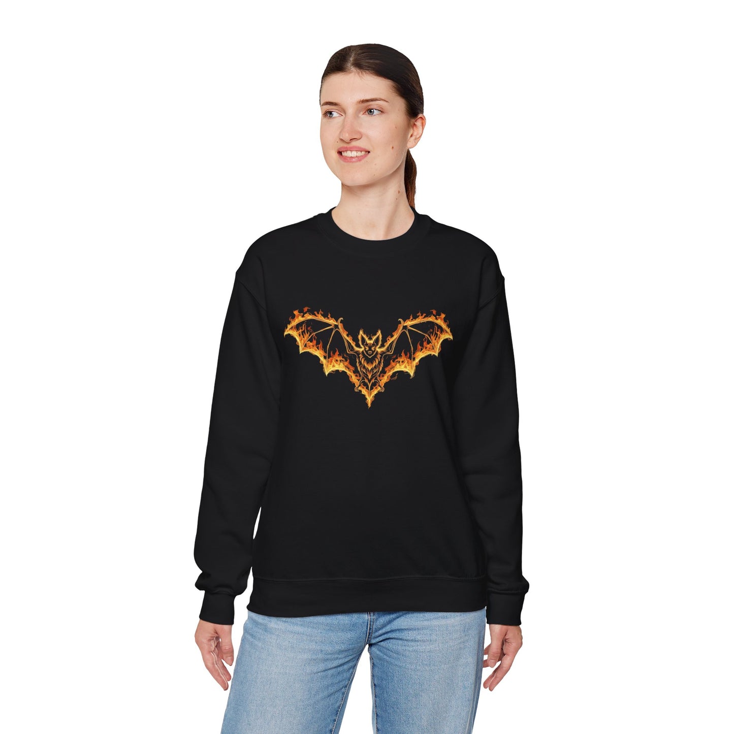 Flaming Bat Sweatshirt - Halloween Spooky Season Graphic Crewneck, Fiery Bat Design, Gothic Fall Fashion, Spooky Gift