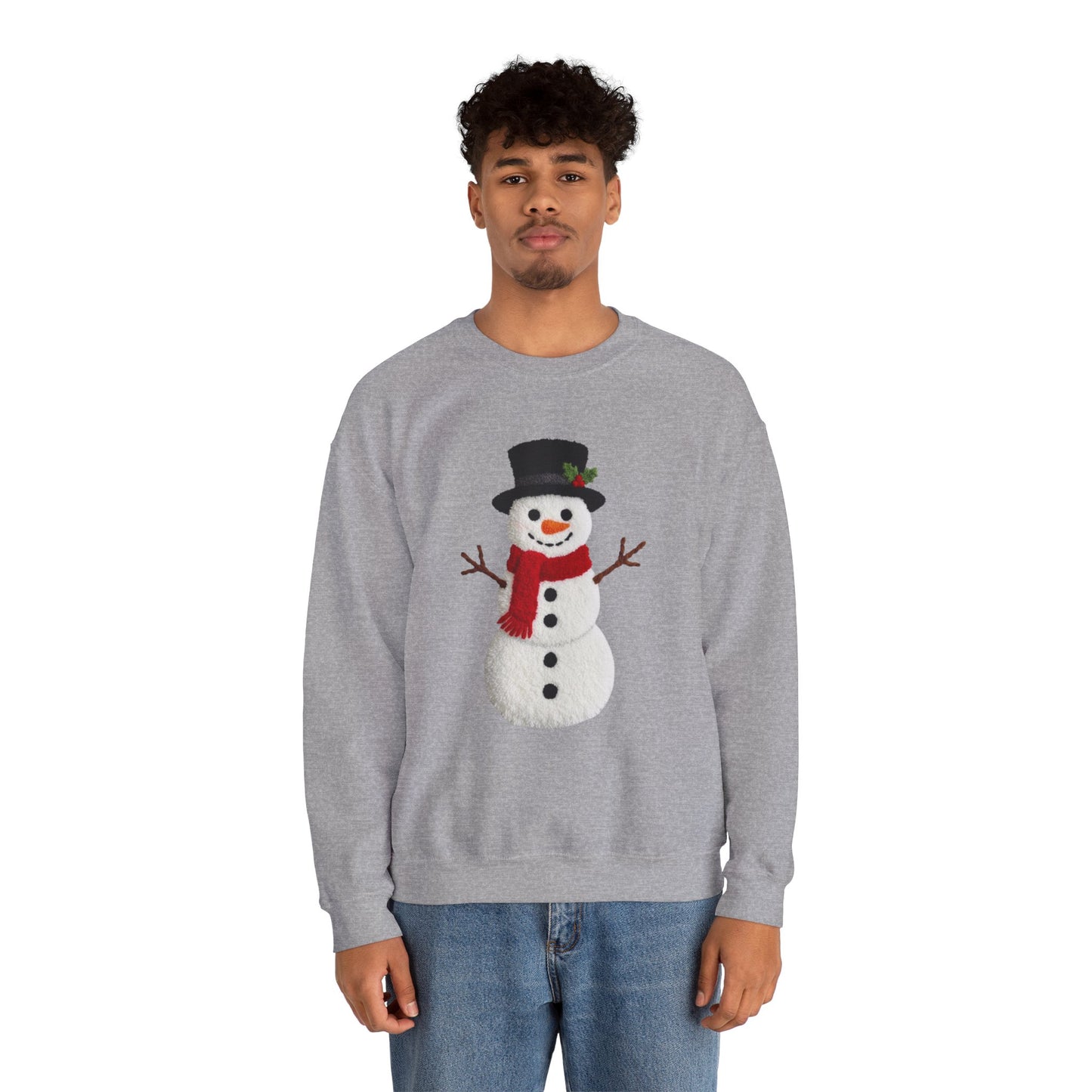 Faux Patchwork Crochet Snowman Sweatshirt, Winter Snowman Crewneck, Cozy Holiday Sweater, Christmas Sweatshirt, Festive Winter Shirt, unisex gift