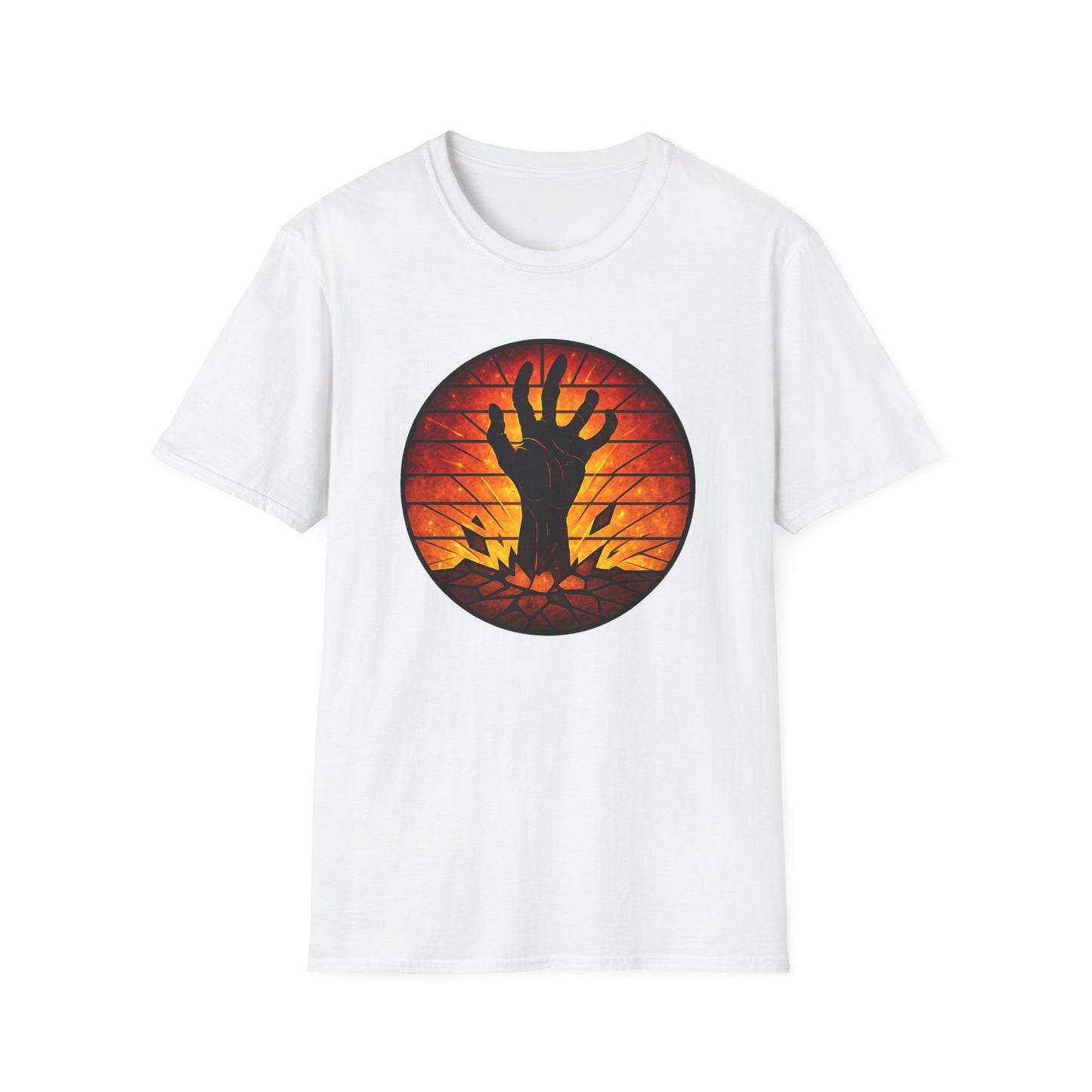 Zombie Hand Sunset T-Shirt – Stained Glass Horror Shirt, Halloween Gothic Tee, Undead Rising Art Tee, Creepy Spooky Shirt for Fall