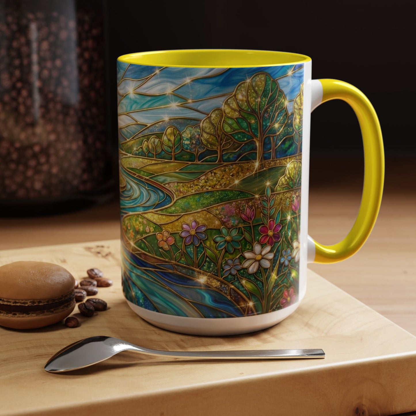 Stained Glass Mug, River Landscape Coffee Cup, Nature Lover Gift, Floral Tea Mug, Gardener Present, Art Teacher Gift, Colorful Scenery Cup