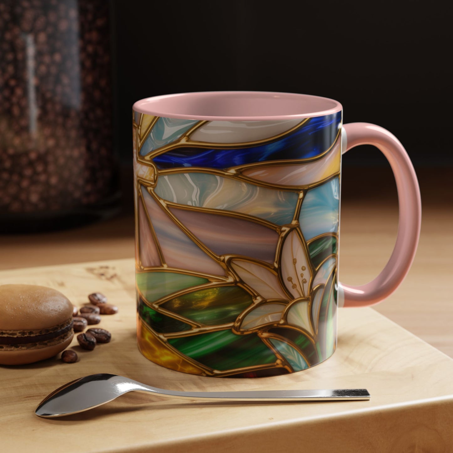 Stained Glass Cross Mug, Christian Sunrise Coffee Cup, Religious Floral Art Mug, Inspirational Faith Gift For Women, Colorful Stained Glass Design