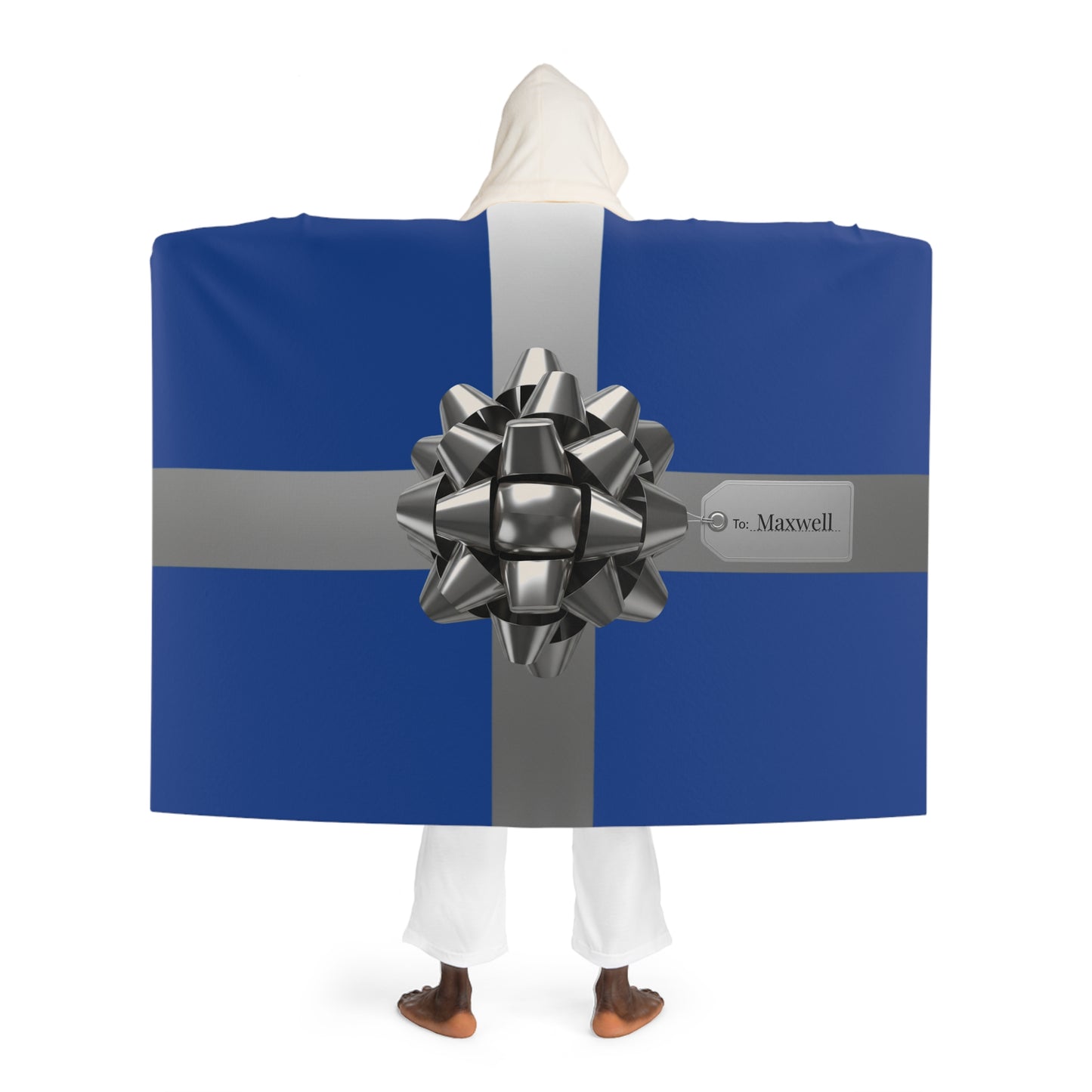 Custom Name Hooded Sherpa Blanket | Blue Personalized Gift Wrap Blanket | Cozy Wearable Sherpa Throw for Him or Her