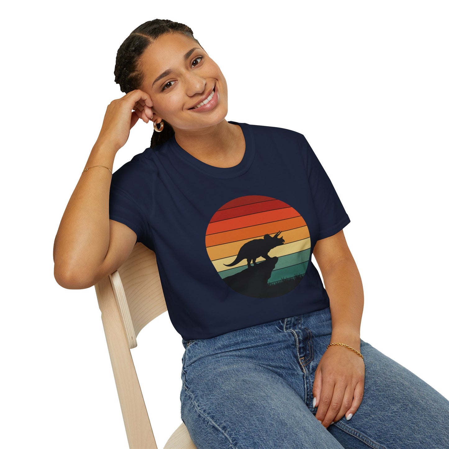 Retro Triceratops Sunset T-Shirt - Vintage Dino Graphic Tee - Unisex Softstyle Dinosaur Shirt - Nature and Prehistoric Lover Gift