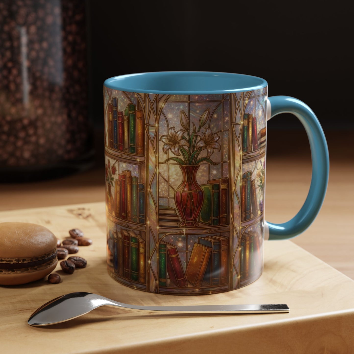 Stained Glass Books Mug, Book Lover Coffee Mug, Cozy Library Mug, Bookish Gift For Readers, Dark Academia Mug, Floral Bookshelf Cup