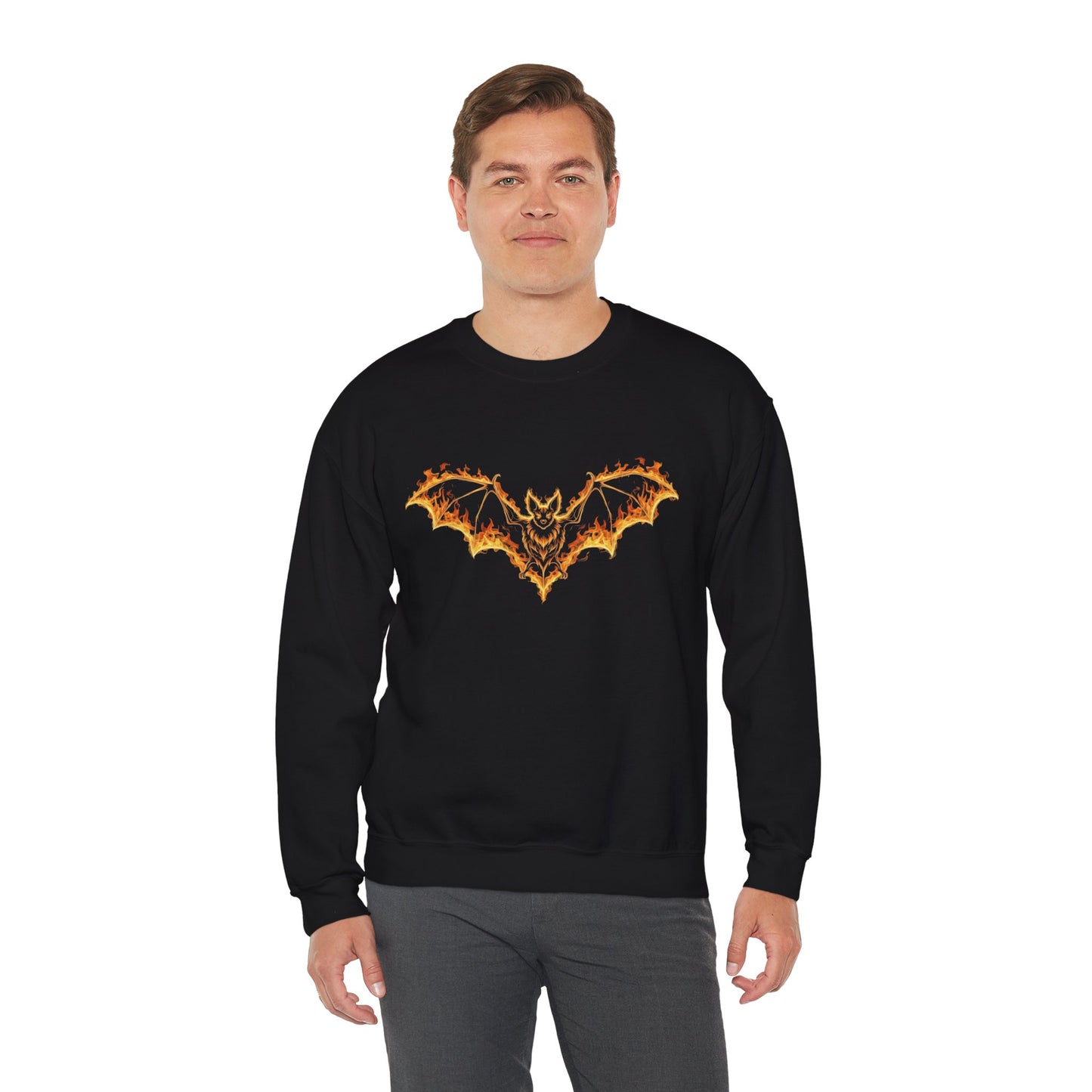 Flaming Bat Sweatshirt - Halloween Spooky Season Graphic Crewneck, Fiery Bat Design, Gothic Fall Fashion, Spooky Gift