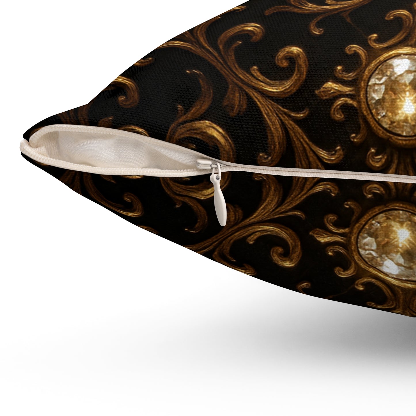 Baroque Gold Scroll Throw Pillow Black Luxury Cushion Cover with Ornate Jewel Design, Gothic Glam Home Decor, Elegant Accent Pillow