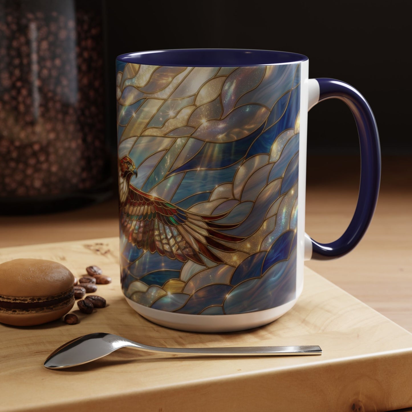 Stained Glass Hawk Mug, Soaring Bird Coffee Mug, Nature Art Hawk Cup, Bird Lover Gift, Stained Glass Style Animal Mug