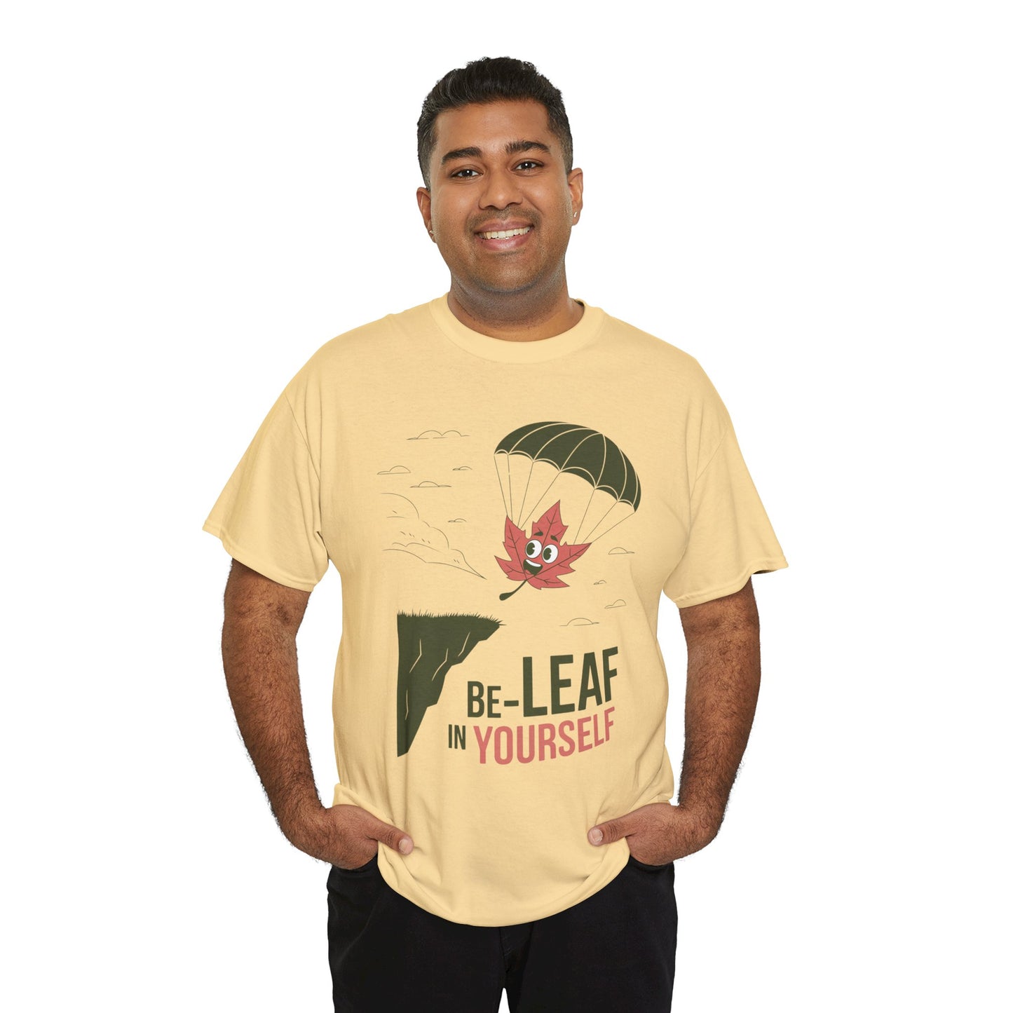 Be-Leaf In Yourself Maple Leaf Parachute T-Shirt | Funny Motivational Nature Graphic Tee | Self-Love Fall Autumn Shirt | Outdoorsy Gift