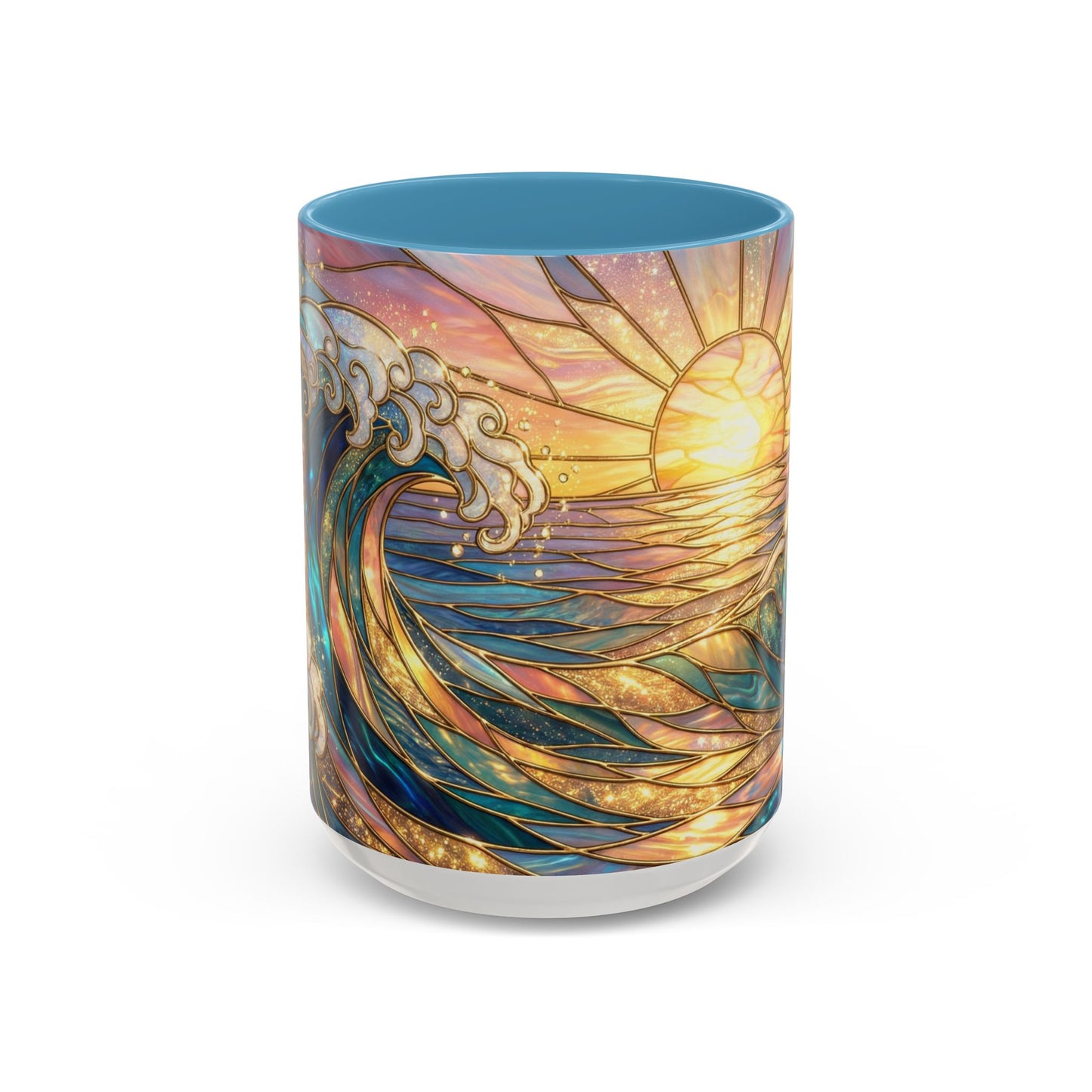 Stained Glass Ocean Wave Mug, Sunrise Beach Coffee Cup, Japanese Art Gift, Coastal Decor Kitchen, Mosaic Sea Tea Cup, Blue Gold Nature Lover