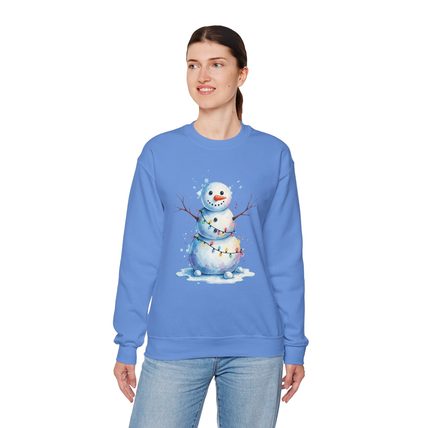 Watercolor Snowman Christmas Sweatshirt, Cute Snowman Crewneck for Winter, Holiday Lights Snowman Sweater, Cozy Unisex Christmas Gift
