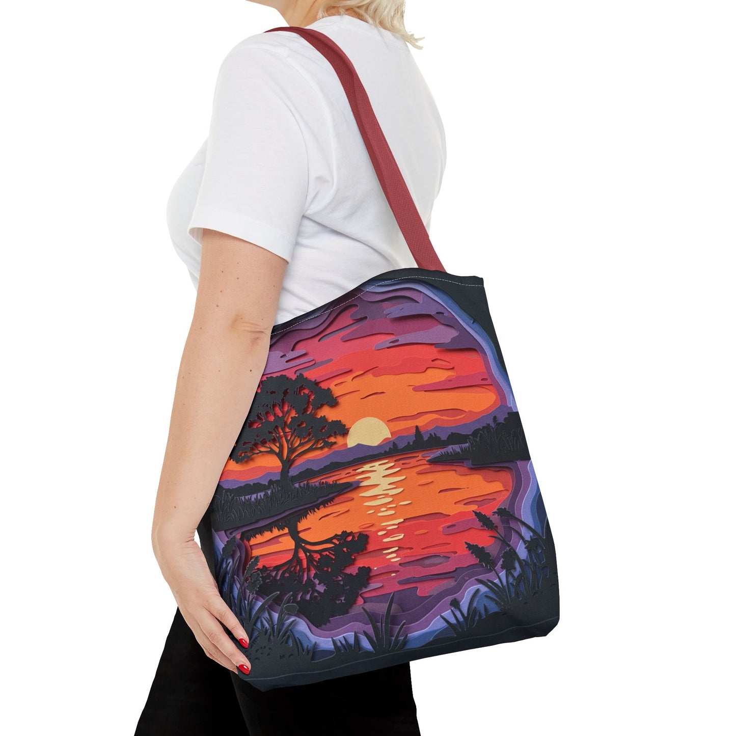 Sunset Landscape Canvas Tote Bag – Paper‑Art Inspired Nature Scene Tote – Colorful Sunset Market Tote, Eco Reusable Beach Bag, Vibrant Gift for Her