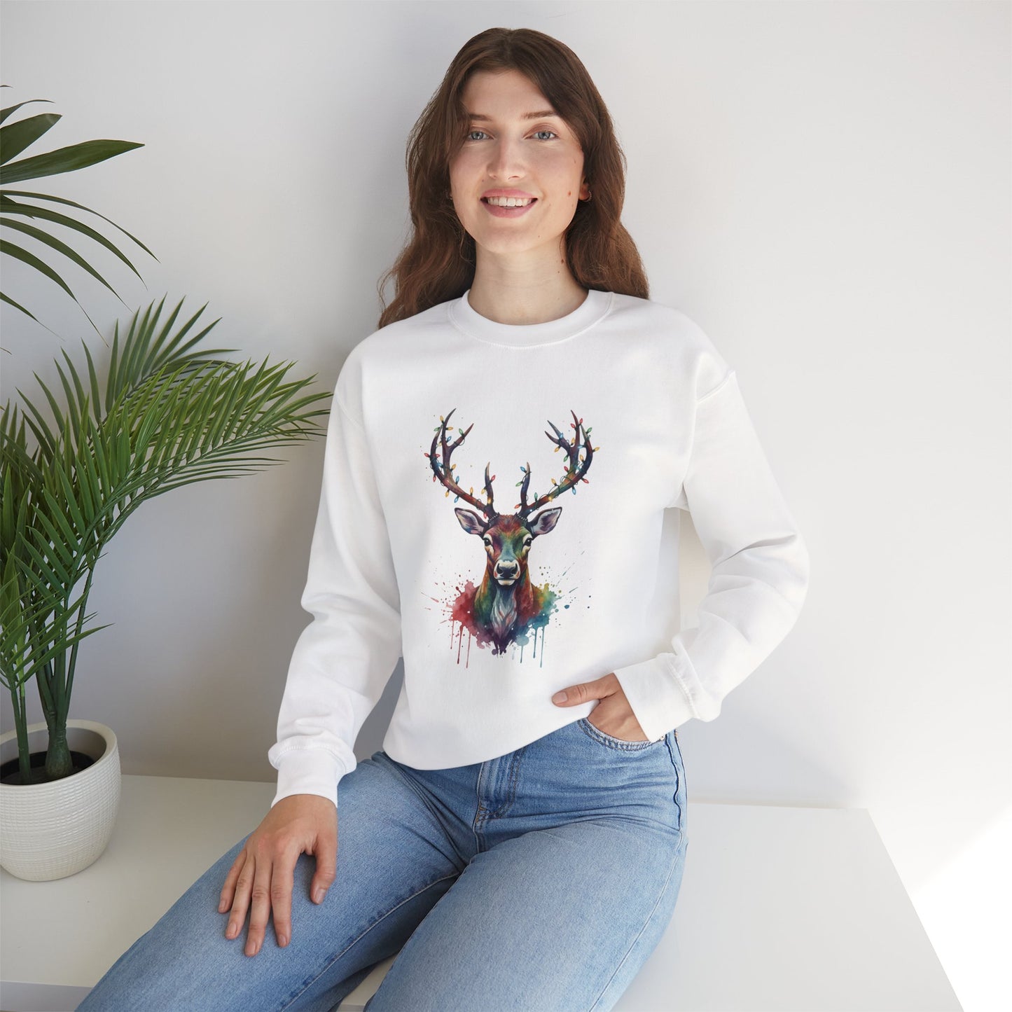 Colorful Reindeer Christmas Sweatshirt, Holiday Deer Lights Sweater, Watercolor Winter Crewneck, Festive Cozy Gift For Him Or Her